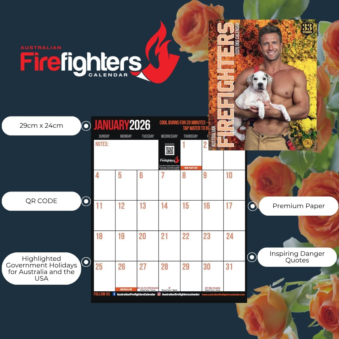 Australian Firefighters Calendar 2026 &ndash; Sexy Firefighters with Dogs &ndash; Charity Support, Wall Calendar, Ideal Gift, Dog Lovers & Firefighter Fans image number 2