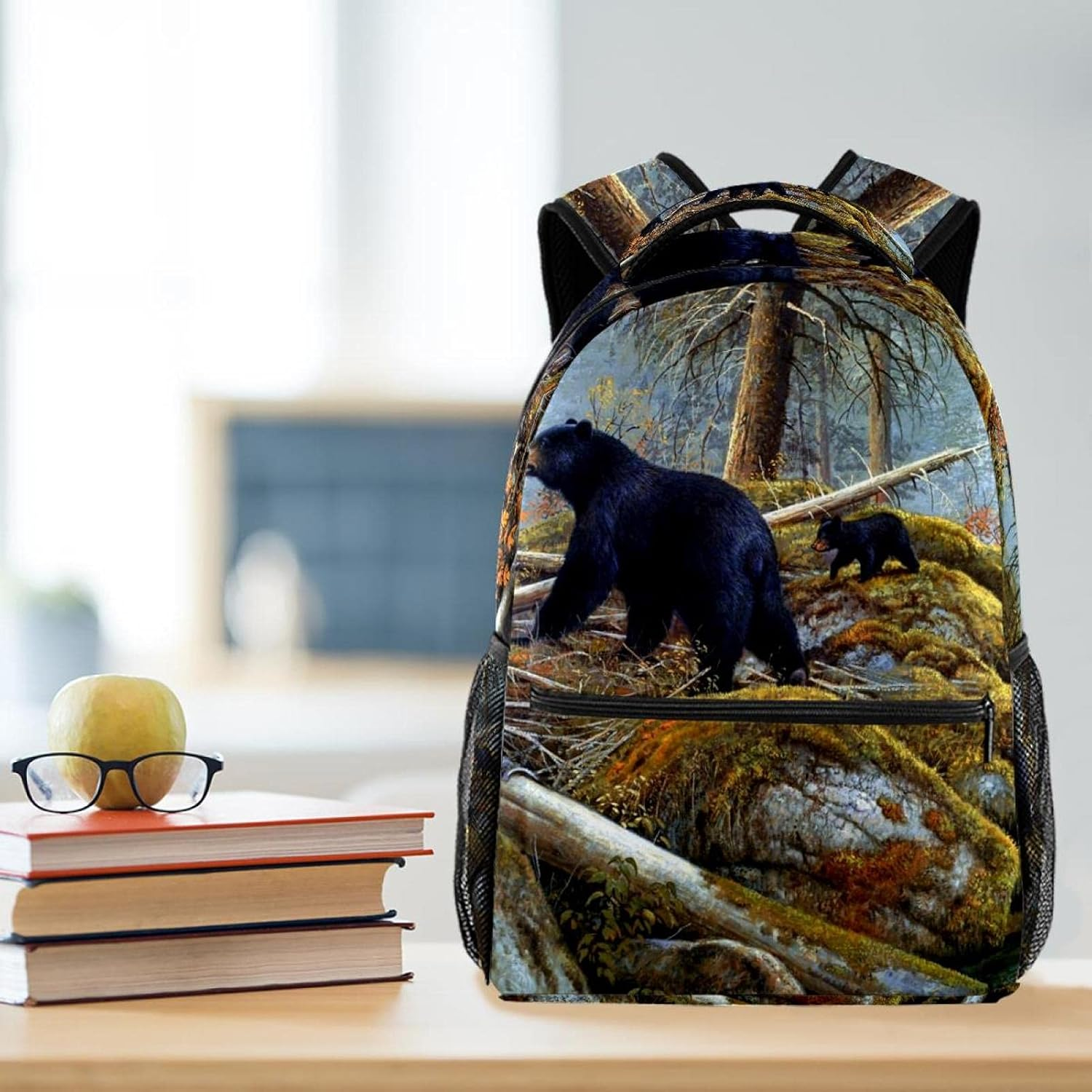Bear and Her Cubs near Autumn Lake Backpack Students Shoulder Bags Travel Bag College School Tote Backpacks image number 4
