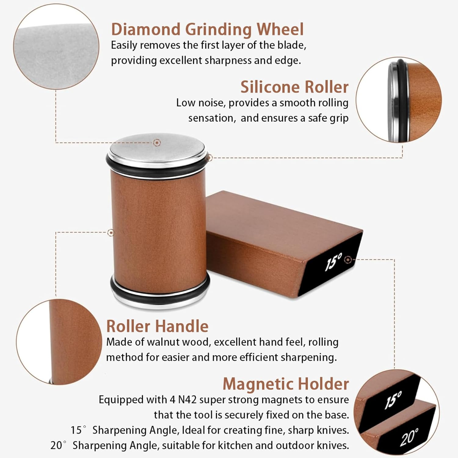 FORYUSE Rolling Knife Sharpener Set with Diamonds 400, 1000 & Ceramic 3000 Grit Discs, Tumbler Knife Sharpening Tool, 15 & 20 Degrees Magnetic Angle for Kitchen Knives, Chef'S Knife, Scissors image number 2