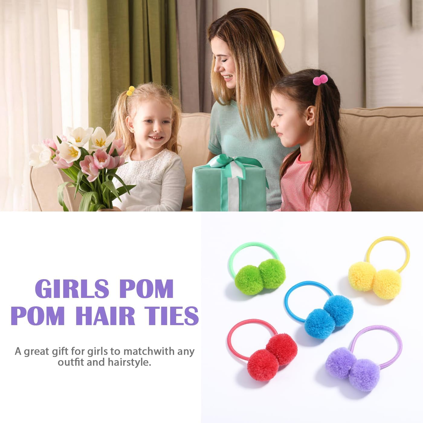 40 Pcs/20 Pairs Girls Cute Stretchy Hair Ties with 3.6Cm/1.4Inch Pompom Ball Elastics Rubber Bands Colorful Fluffy Velvet Ponytail Holders Hair Scrunchies Accessory for Baby Infant Toddlers Kids Teens image number 1