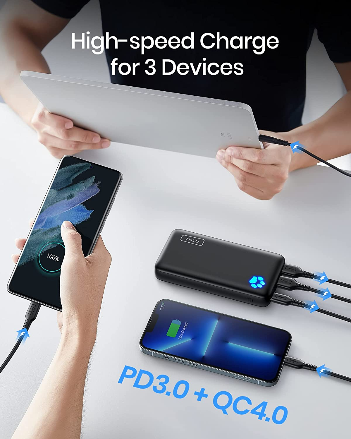 INIU Power Bank, 20000Mah USB C Portable Charger, 18W PD QC Fast Charging External Battery Pack, 3-Output Phone Charger for Iphone 15 14 13 12 11 X 8 Pro Max Samsung S22 S10 Google LG Ipad Tablet, Tec image number 6