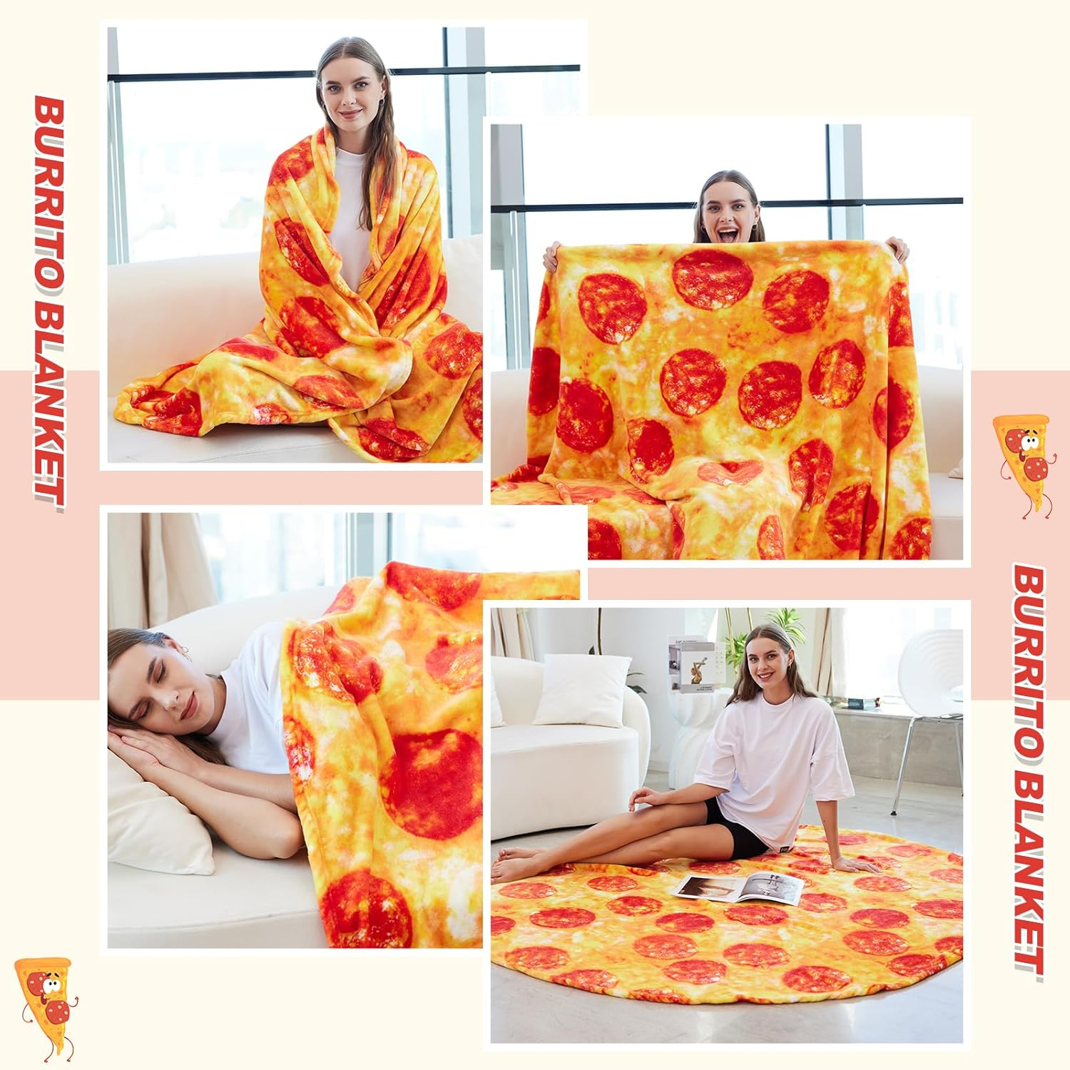 RAINBEAN 71Inches Double Sided Pizza Blankets, Bed Blanket for Kids/Teens, Cool Stuff Gifts for Man and Boys, Novelty Food Wrap Blanket, Soft Blankets for Birthday Gifts White Elephant
