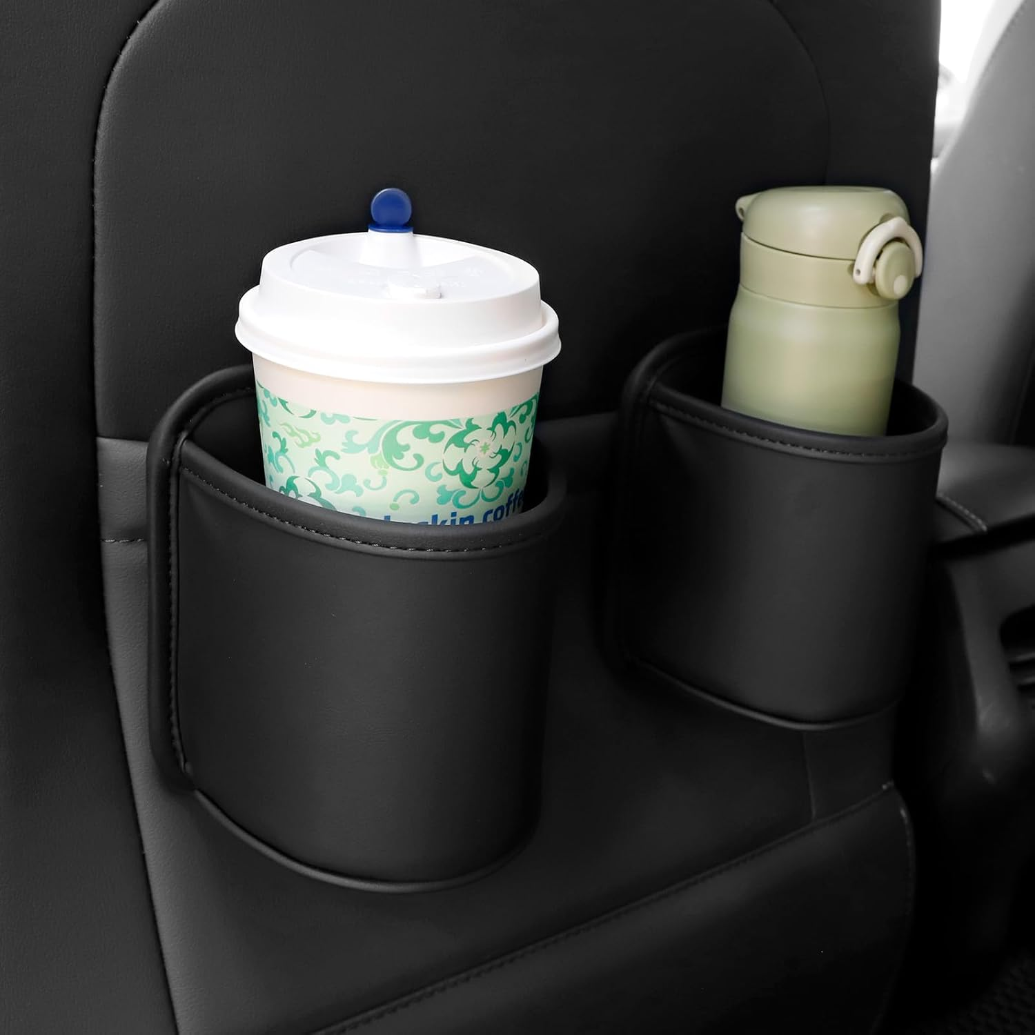 2 Pack Large Cup Holder for Car Door Pocket Seat Clip on Beverage Drink Holders Organizer Scratch-Resistant PU Leather Black image number 1