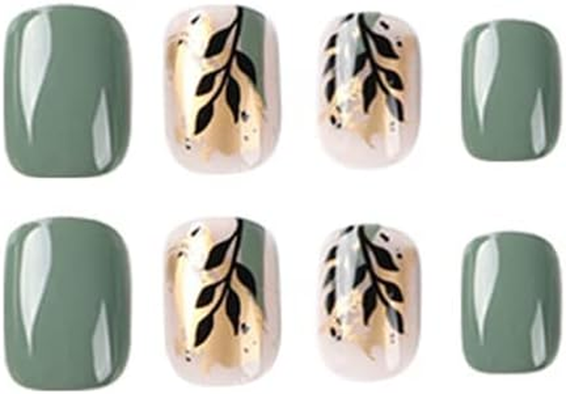 KXAMELIE Short Square Green French Nails to Stick on with Sheet, Press on Nails with Designs Acrylic False Nails for Women and Girls Daily Use Pack of 24 image number 3