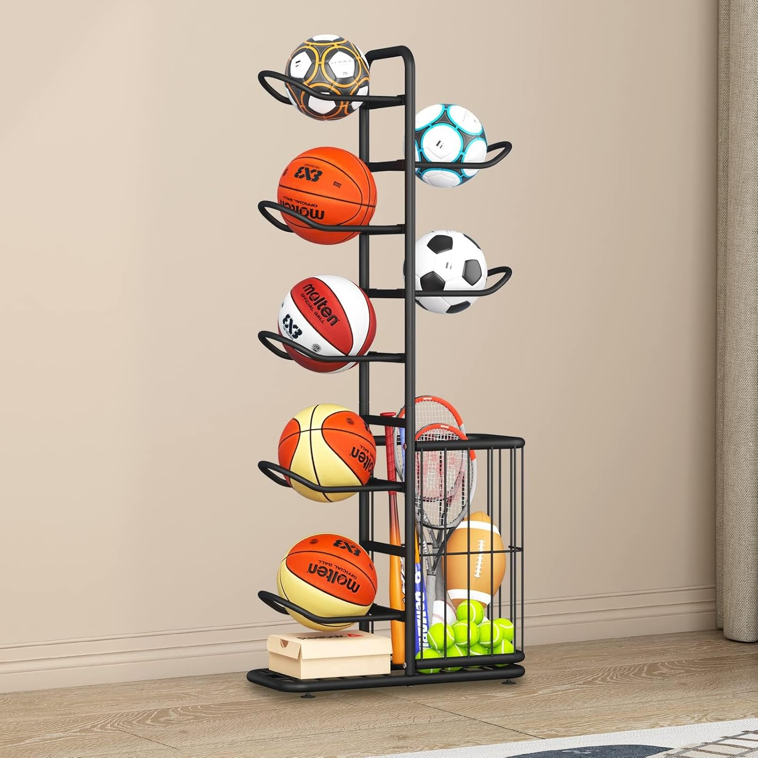 Ball Storage Rack, Football Stand, Ball Storage Garage, Ball Holder, Sports Equipment Storage for Garage, Basketball Organizer Rack with Basket, Toy/Sports Gear Storage Indoor (7 Balls with Basket) image number 2