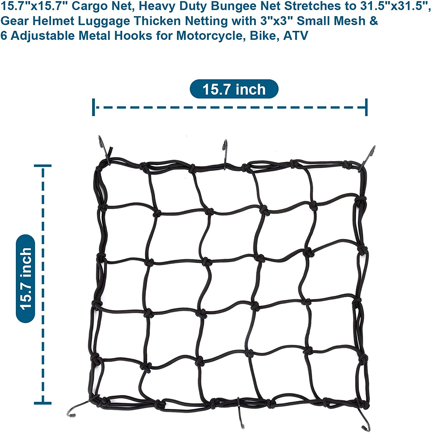 2Pack 15.7"X15.7" Cargo Net, Heavy Duty Bungee Net Stretches to 31.5"X31.5", Gear Helmet Luggage Thicken Netting with 3"X3" Small Mesh & 6 Adjustable Metal Hooks for Motorcycle, Bike, ATV (4040) image number 4