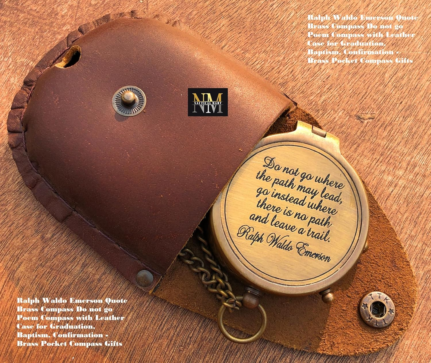Ralph Waldo Emerson Quote Brass Compass Do Not Go Poem Compass with Leather Case for Graduation, Baptism, Confirmation - Brass Pocket Compass Gifts image number 6