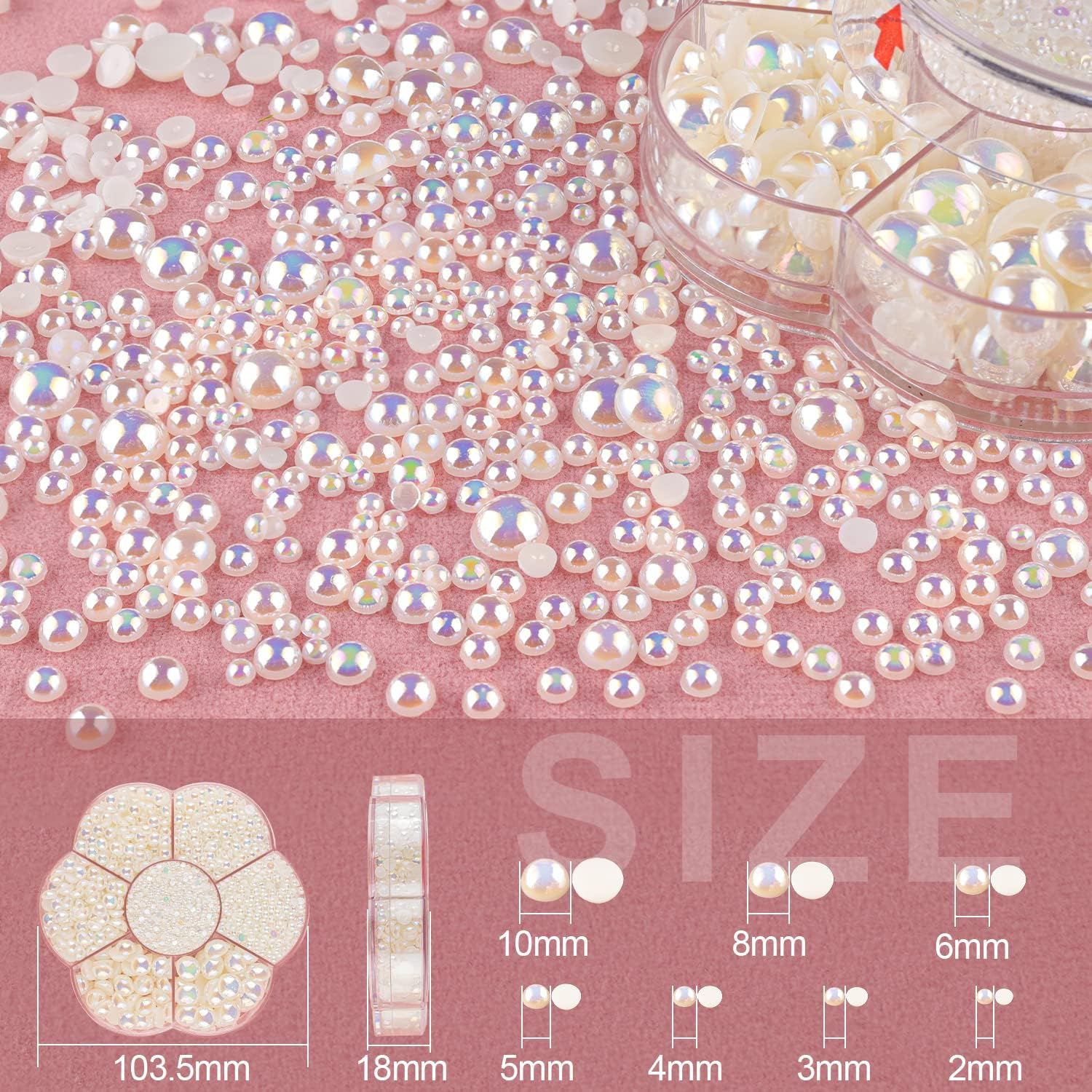 Nail Art Flat Back Half round Pearl Kits 2, 1 Box of 5600 Pcs Flat-Back Beige AB Pearl with Tweezer and Picker Pencil for Home DIY Nails Body Face Craft and Salon Use image number 3