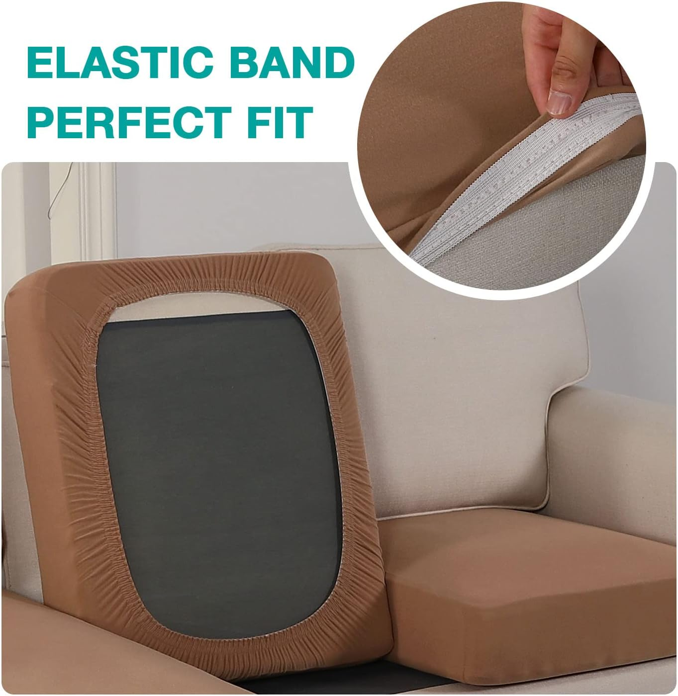 Princedeco 3 Pieces Stretch Sofa Seat Cushion Covers L Shape Separate Cushion Couch Thick Chaise Cover Elastic Fit Furniture Protector for Both Left/Right Sectional Couch (3 Seater, Camel) image number 2