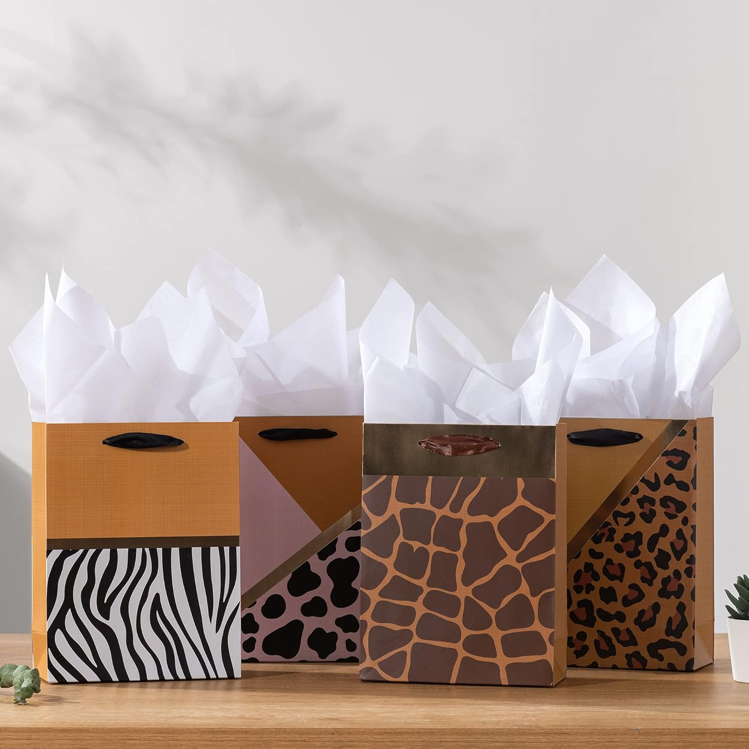 4 Pack Gold Gift Bags with Tissue Paper, 7X3X9 Inch, Perfect for Birthdays, Showers, Fathers' Day, Christmas, Weddings and Parties image number 4