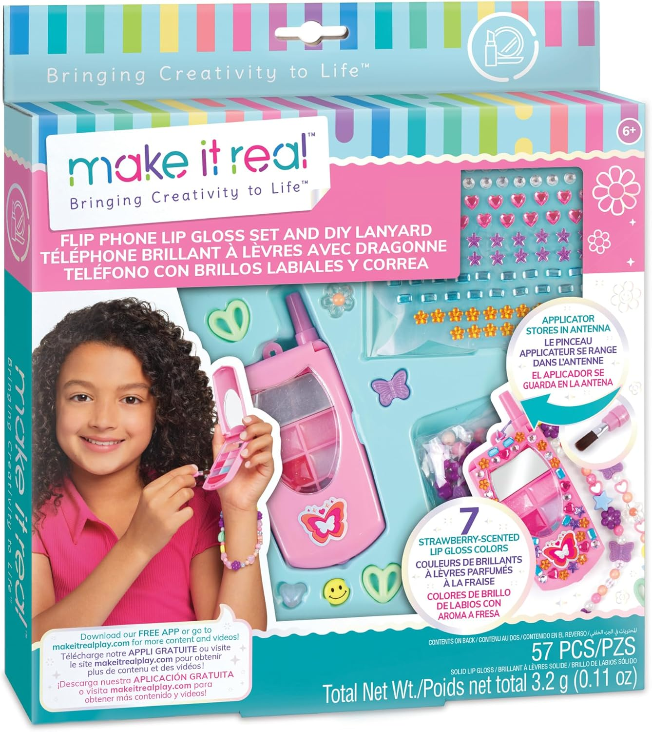3C4G Make It Real Flip Phone Lip Gloss Set & DIY Lanyard - 7 Strawberry-Scented Lip Gloss Colors - Decorate with Gems & Stickers - Fun Makeup Kit for Girls for Kids Ages 6+ image number 4