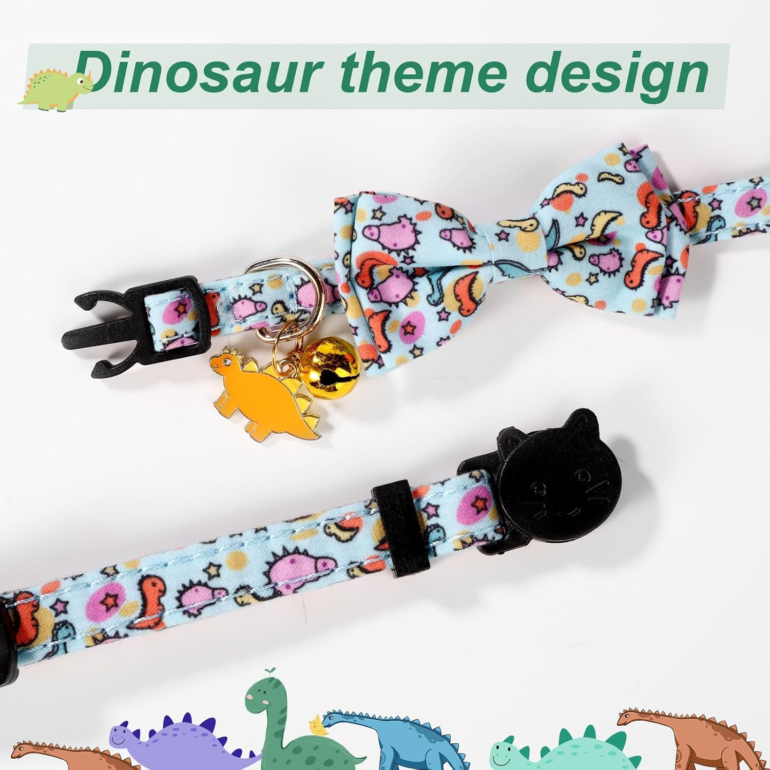 2Pcs Dinosaur Patterned Cat Collar, Cat Collar with Bell Adjustable Dinosaur Cat Collars Bowtie Cat Collar Fancy Cat Collar for Male and Female Cats image number 6