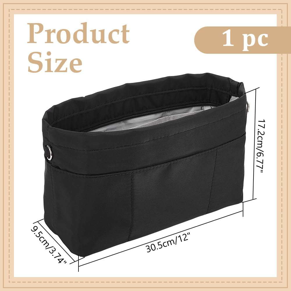 WADORN Nylon Handbag Organizer Insert, Tote Bag Organizer Insert Multi-Pocket Bag Organizer inside Large Bag Divider Zipper Insert Bag Liner Storage Travel Bag in Bag, 12X3.74X6.77 Inch, Black image number 2