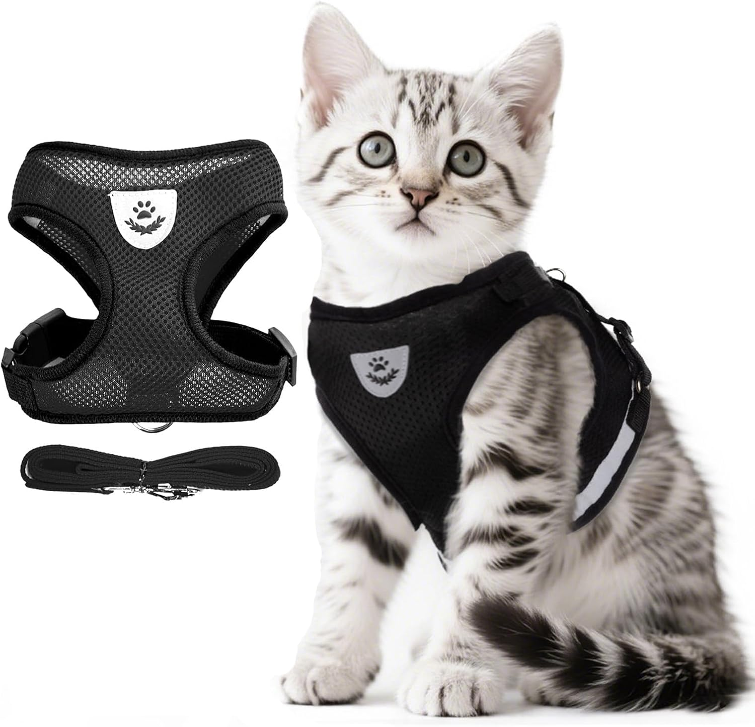 AYEHIOJU Anti-Escape Cat Harness and Leash Set Small, Adjustable Soft Mesh Reflective Vest Harness for Cats, Kittens, Puppies, Small Dogs and Rabbits, Black