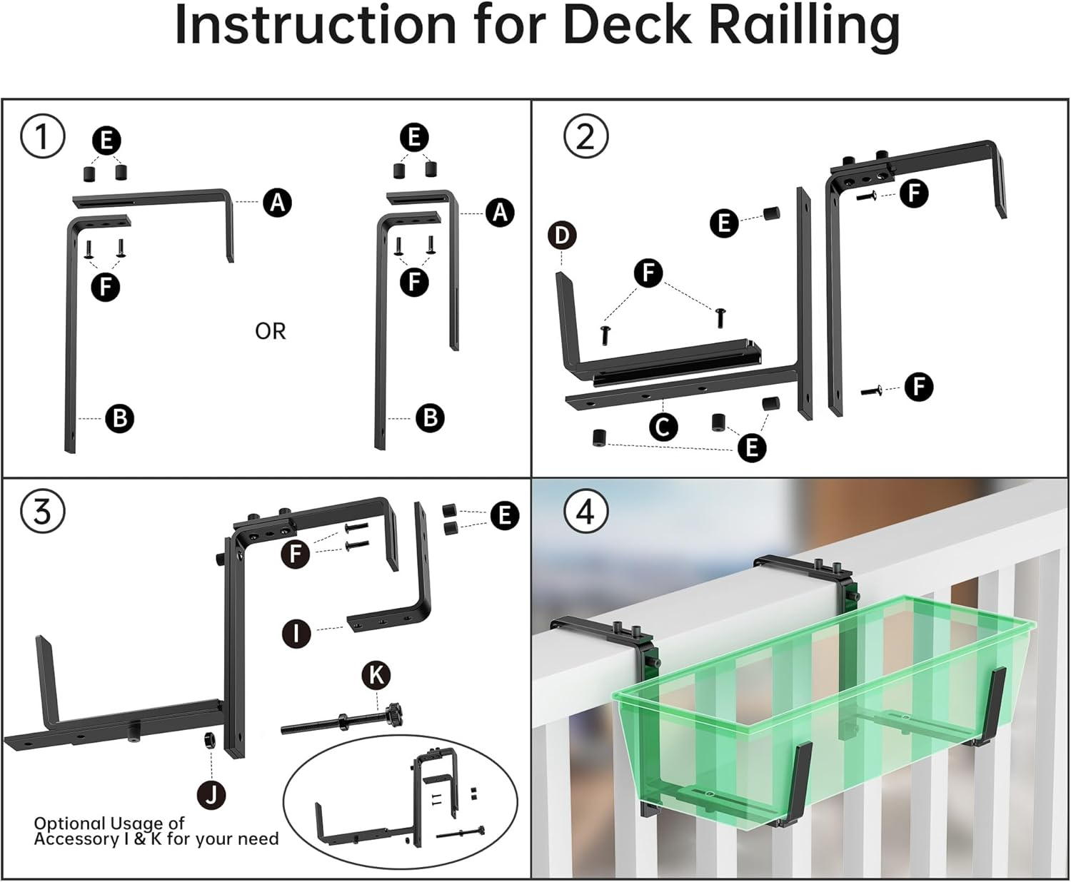 Y&M Adjustable Planter Box Brackets, Brackets for Window Boxes Planters, 4 Packs Universal Outdoor Hanging Brackets, Black Steel Mounting Durable, Suitable for Fence Pergola Patio Garden Balcony image number 3