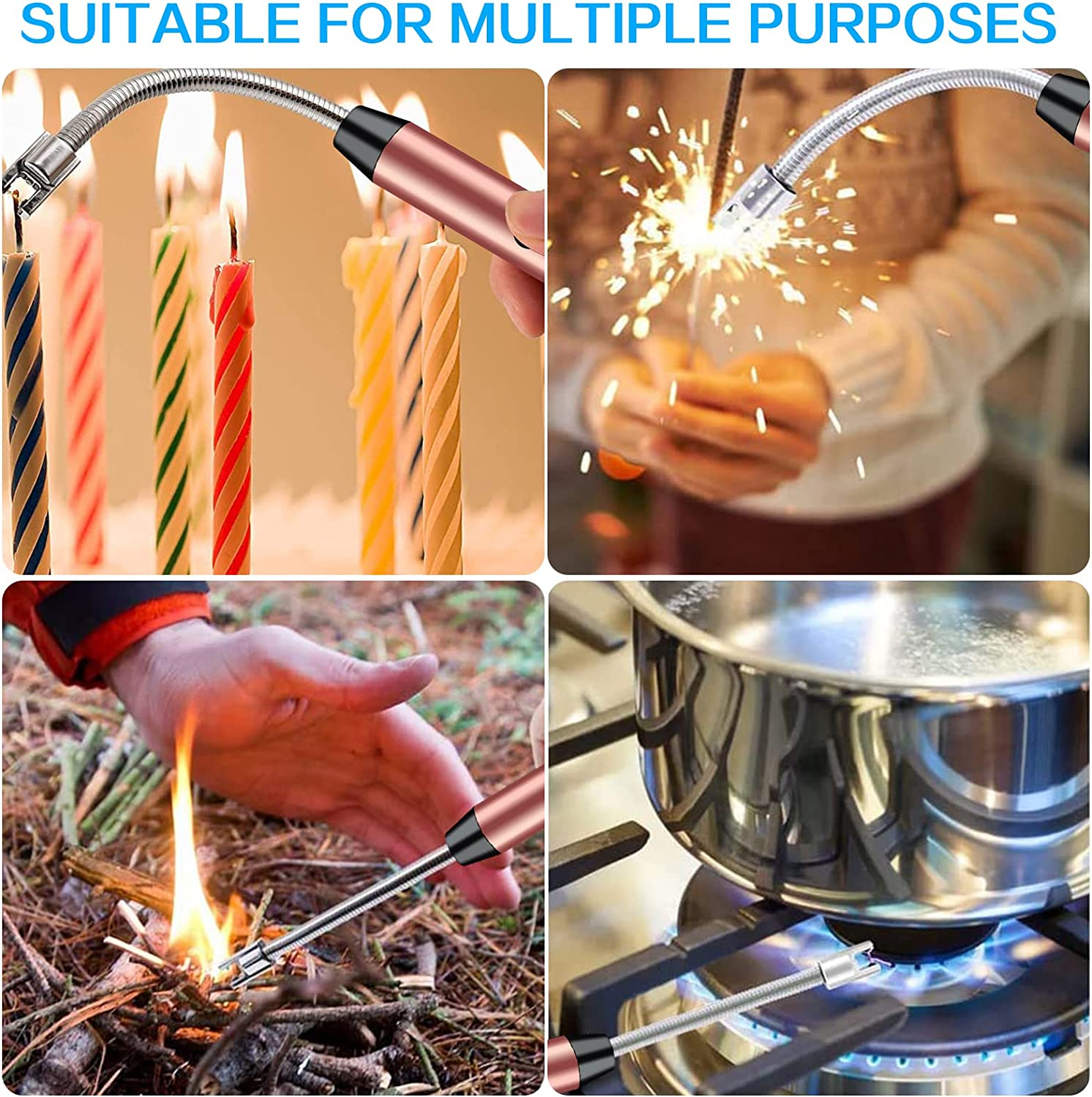 Candle Lighter Electric Arc Lighter USB Rechargeable with 360&deg; Flexible Neck, Gigflpyo Flameless Portable Windproof Plasma Lighters for Home Kitchen Cooking Outdoor BBQ Camping Stove (Rose Gold) - Blue image number 4