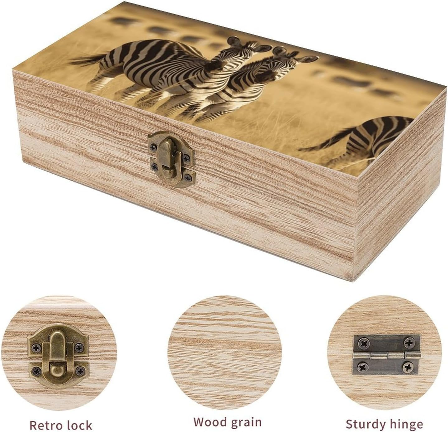 Grassland Zebra Wooden Box Wood Wedding Keepsake Boxes with Lids Small Decorative Boxes Lightweight Wooden Memory Storage Box for Crafts Keepsakes Jewelry Photo Letter Storage image number 1