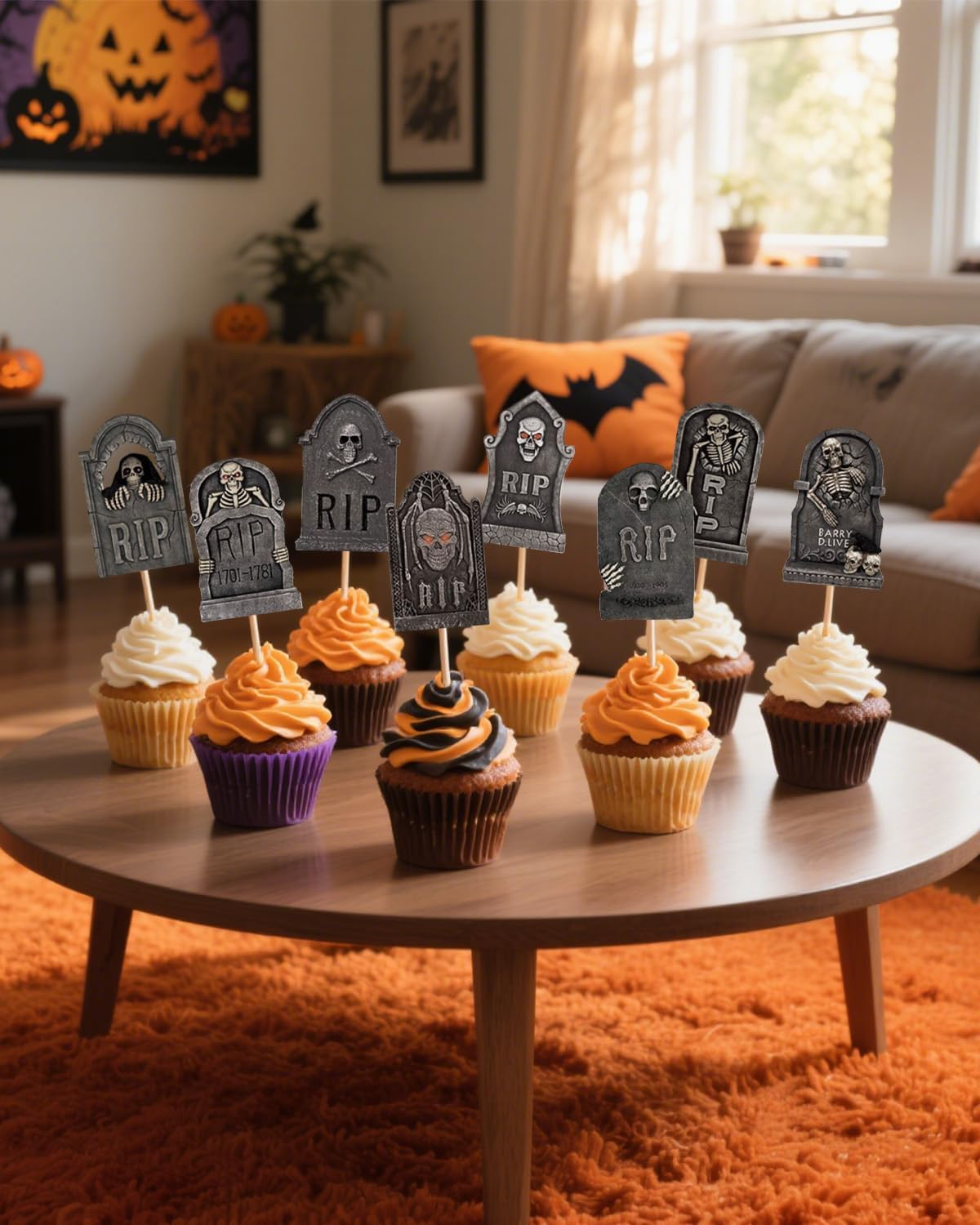 48PCS Halloween Cupcake Toppers with Novelty Mini Shovel Spoons,Tombstones Graveyard Cupcake Toppers Cake Decorations for Halloween Party Birthday Party Decoration Supplies image number 3