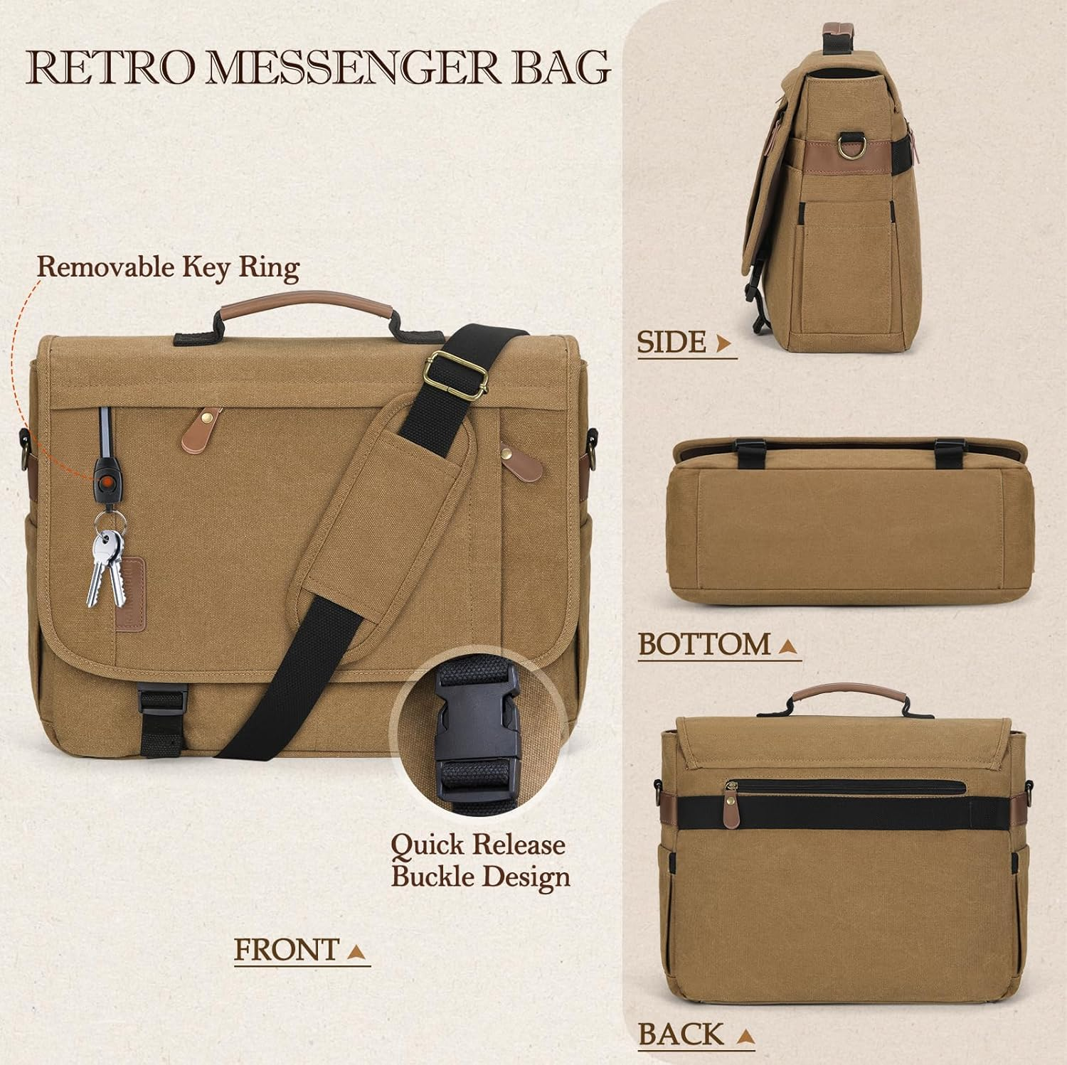 Messenger Bag for Men 17-17.3 Inch Laptop Bag Water-Resistant Canvas Computer Shoulder Bag Office Work Briefcase Large Casual Satchel Bags for Men Bookbag for College - Khaki image number 2