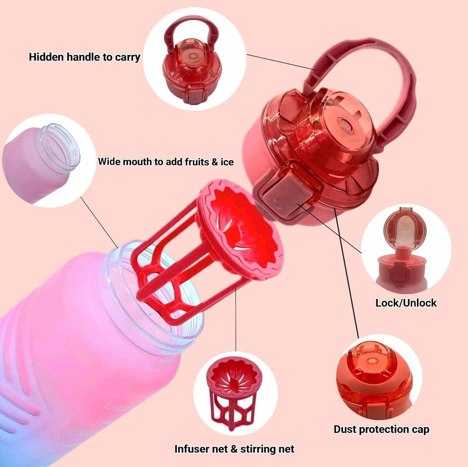 Motivation Gradient Water Bottle, 1L, Tea Compartment, Time Marker, Push Button Leakproof, Bpa-Free Frosted Plastic, Large Capacity, Hidden Bail, Fitness, Gym, Outdoor Sports (Pink) image number 6