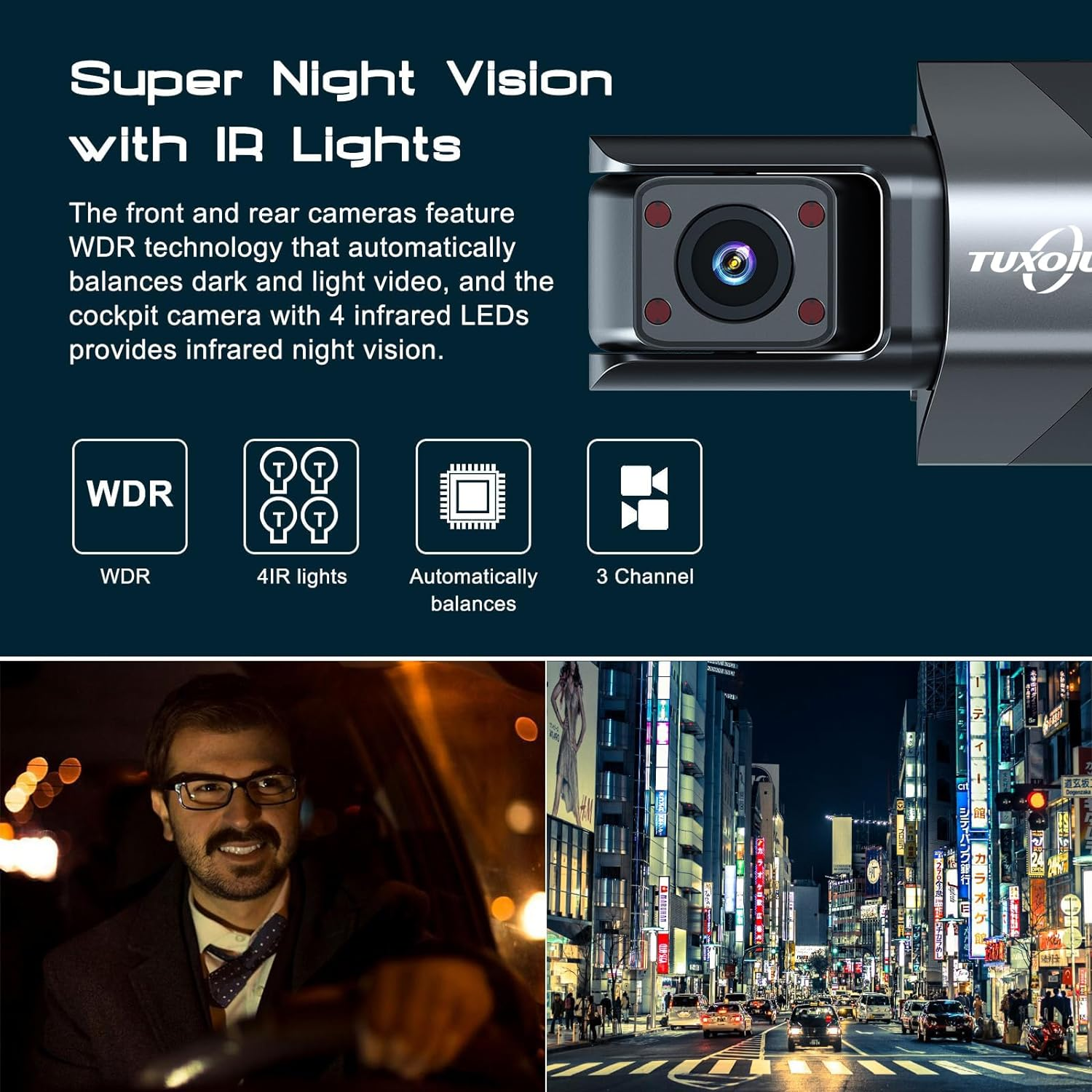 A6 Triple Lens Dash Camera - 2K Front, 1080P inside & Rear, Built-In GPS & Wifi, Night Vision, 3" LCD Screen Dash Camera for Cars with App ﻿ image number 3
