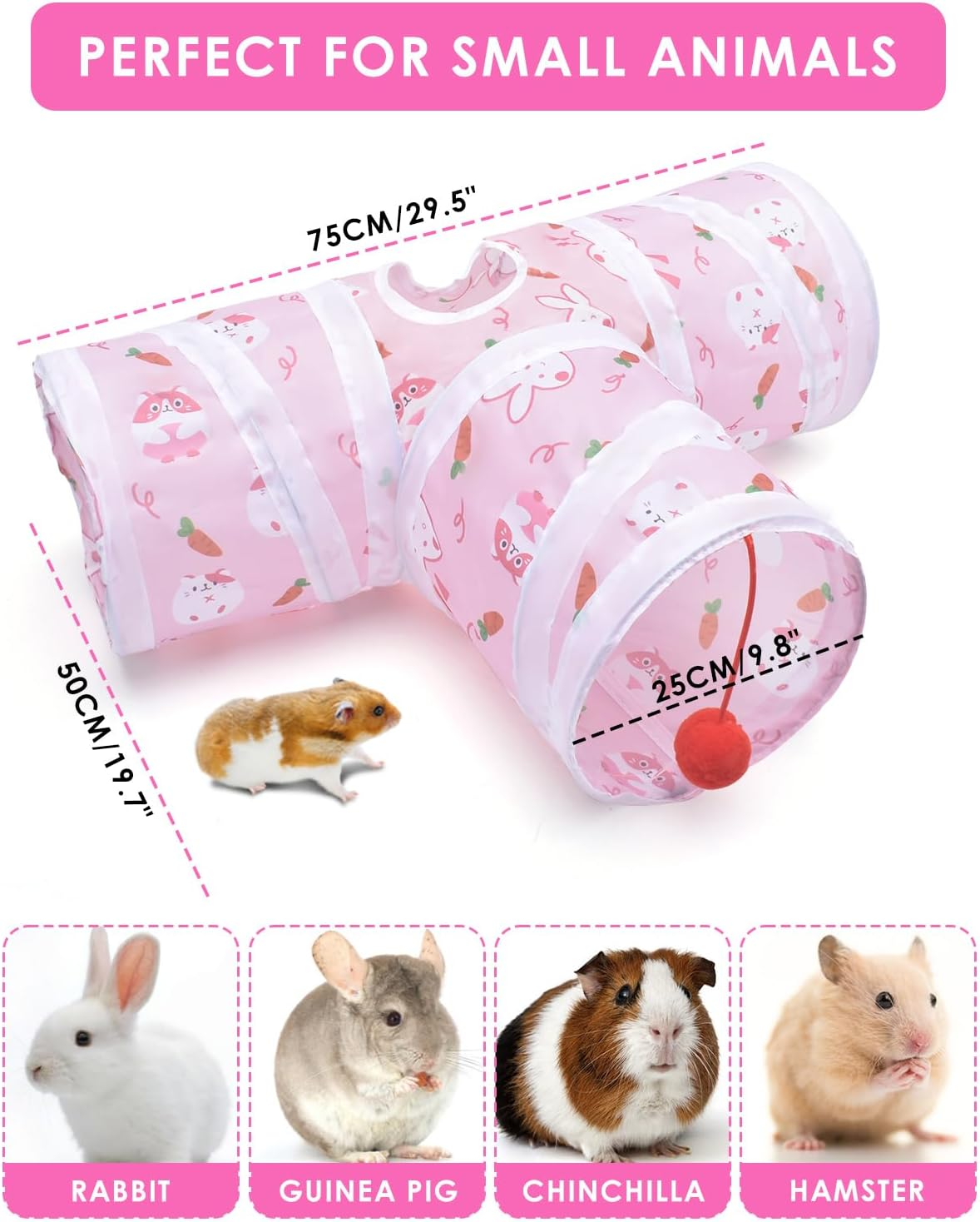 Bissap Rabbit Tunnel, Collapsible Bunny Tunnel and Tube 3 Ways Pet Hideout with 1 Play Ball for Indoor Kittens Dwarf Rabbits Bunnies Guinea Pigs Chinchillas Small Animal Activity Fun Toys (Pink) image number 3