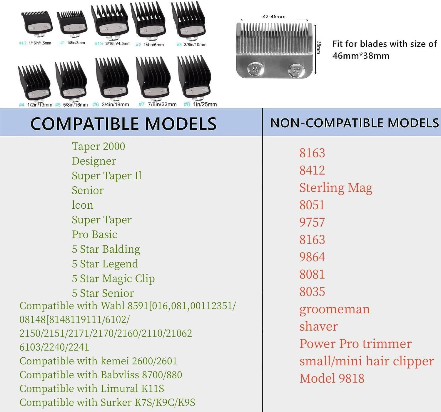 AIDERLY Hair Clipper Combs Guards, 10 Pack Clip Guards, Compatible with Wahl Metal Clip1.5-25Mm Sizes, Black image number 3