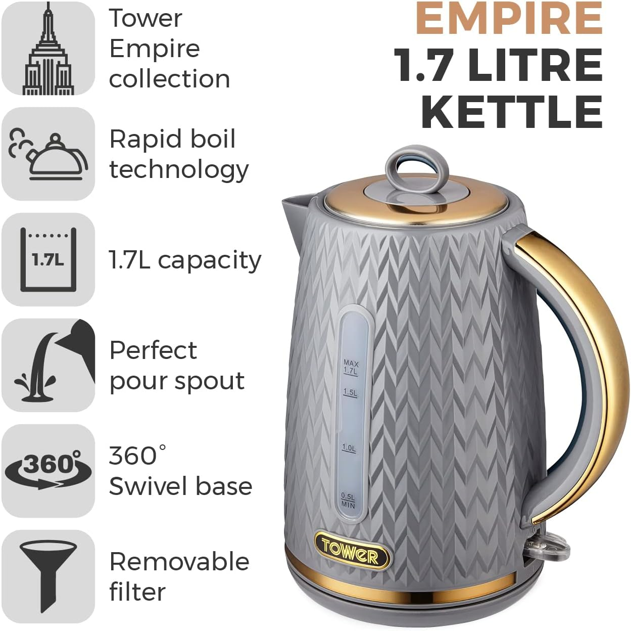 Tower T10052GRY Empire 1.7 Litre Kettle with Rapid Boil, Removable Filter, 3000W, Grey with Brass Accents image number 5