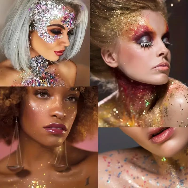 Face & Body Glitter Gel, 6 Shapes Festival Makeup Glitter, Chunky for Face Hair Nails, Holographic Cosmetic Laser Powder Festival Makeup (White, Glitter Gel) - Blue image number 6