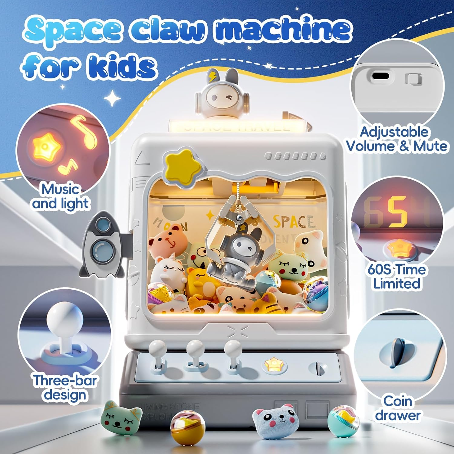 Skirfy Space Claw Machine for Kids, Mini Electronic Arcade Game Vending Machine，Candy Dispenser Arcade Game for Kids，Birthday Christmas Gifts for Girls Boys(Blue) image number 1