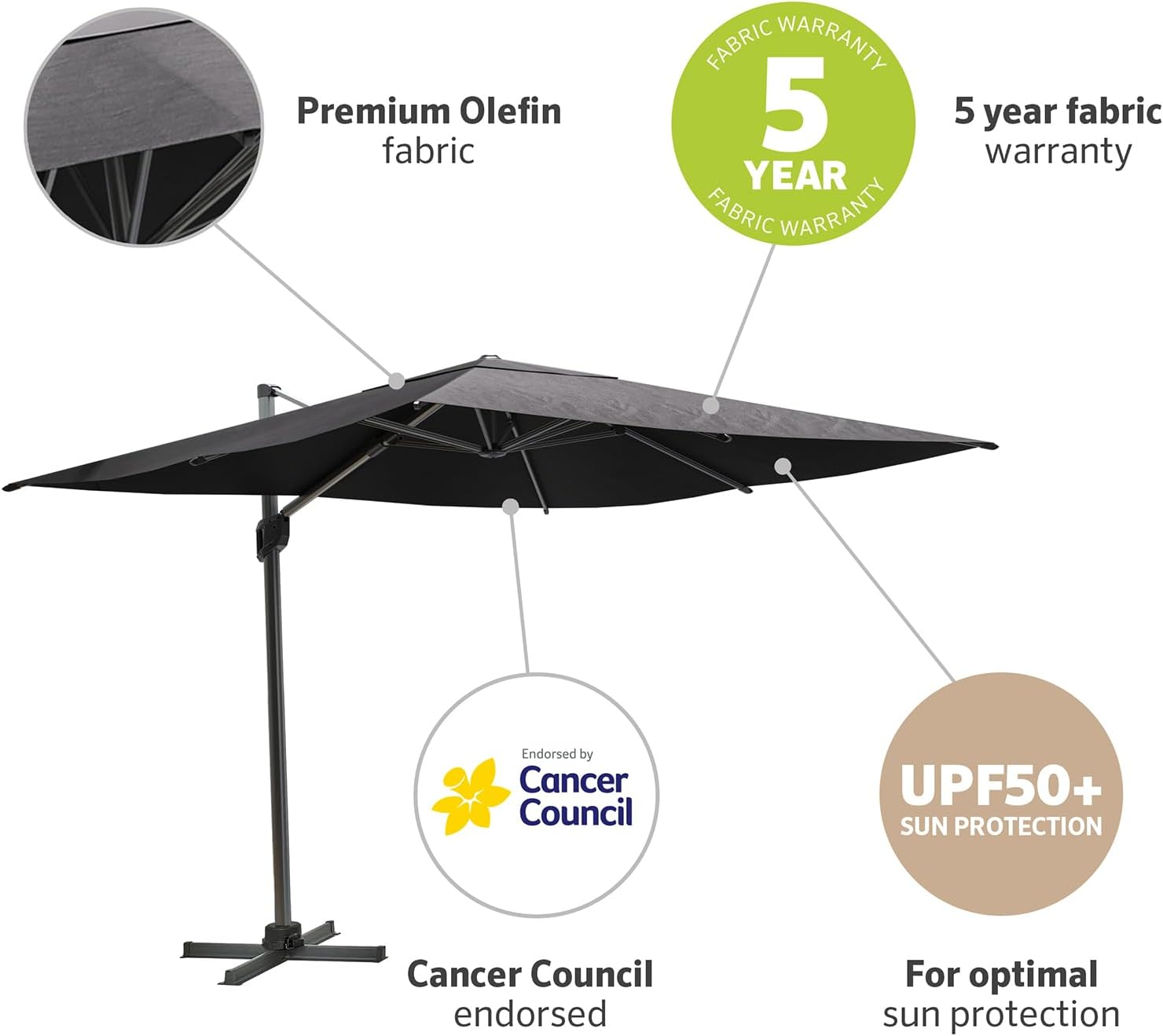 Coolaroo Mindil 3M Square Cantilever Umbrella Charcoal image number 3