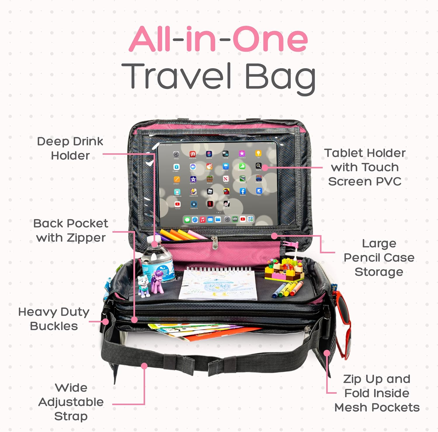 BE Family Travel Kids Car Seat Travel Tray, Car Accessories for Children, Car Seat Snack Tray, Traveling Essentials for Kids, Toddler Lap Tray for Engaging Activities, Multipurpose Design, Pink image number 4