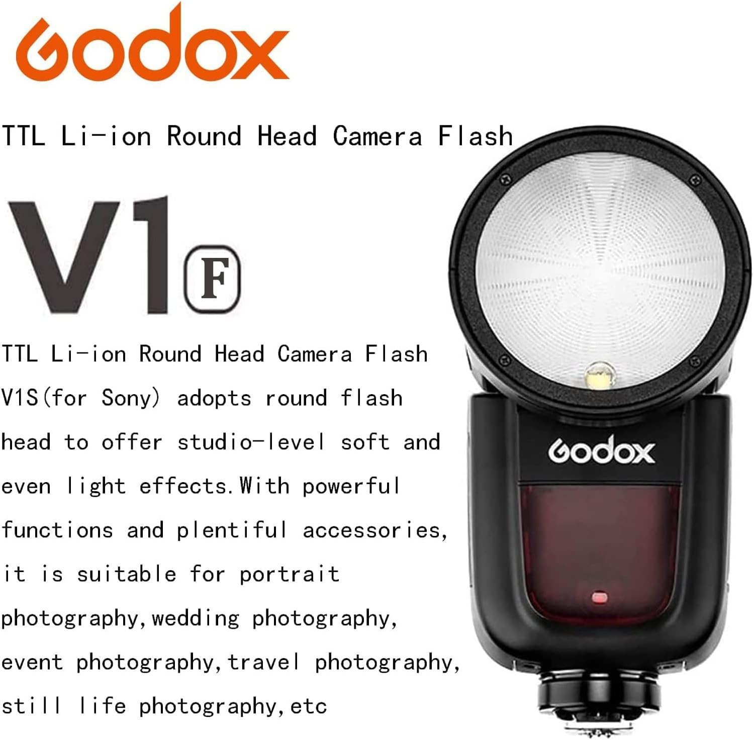 Godox V1-F round Head Camera Flash for Fujifilm Flash Speedlight,76Ws 2.4G 1/8000HSS,480 Full Power Shots,1.5S Recycle Time,2600Mah Li-Ion Battery