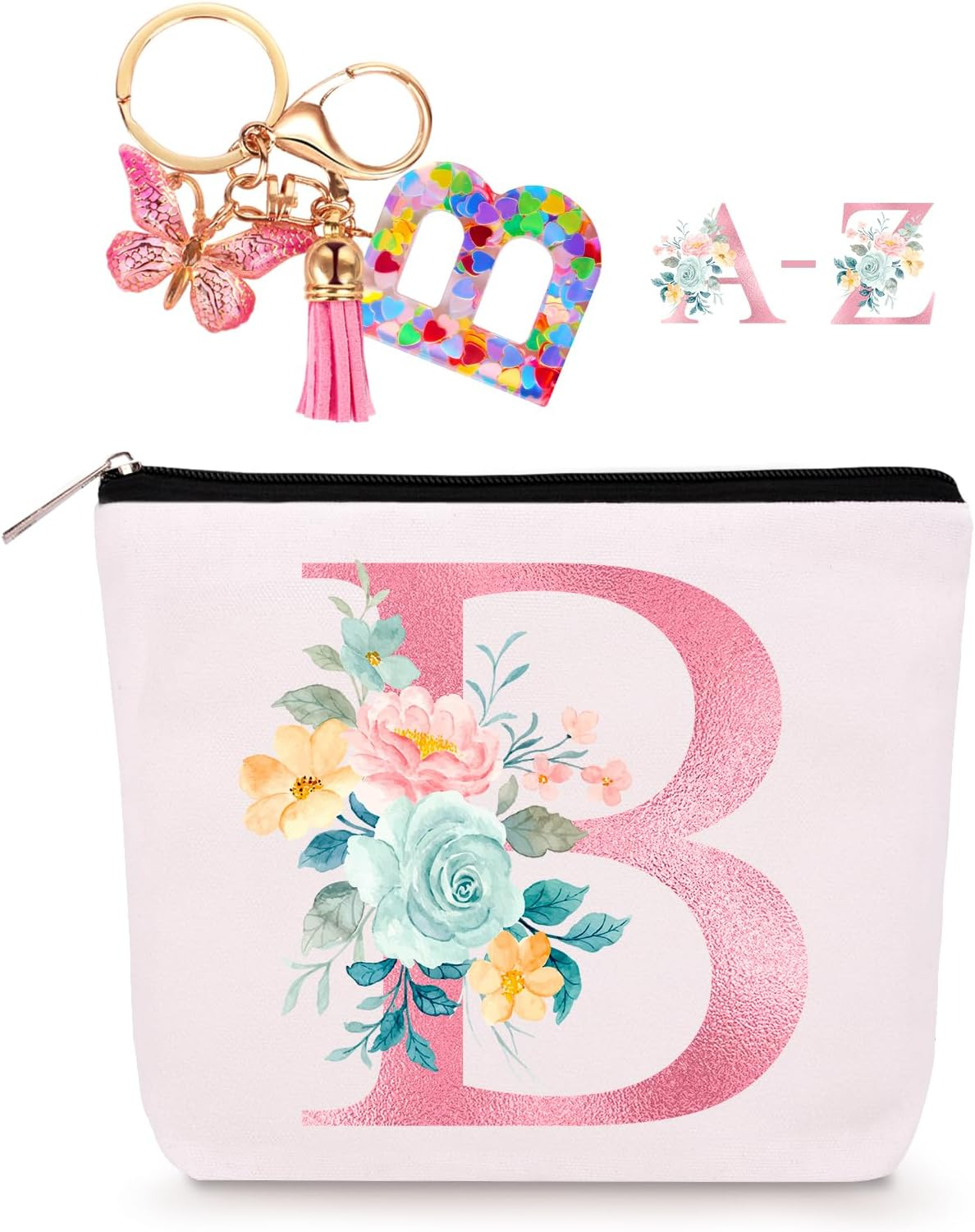 Personalized Makeup Bag with Initial Keychain, Custom Travel Initial Makeup Bag, Birthday Gifts for Women Girl Bridesmaid Teens Teacher, Monogram Small Cosmetic Preppy Toiletry Pouch, J,
