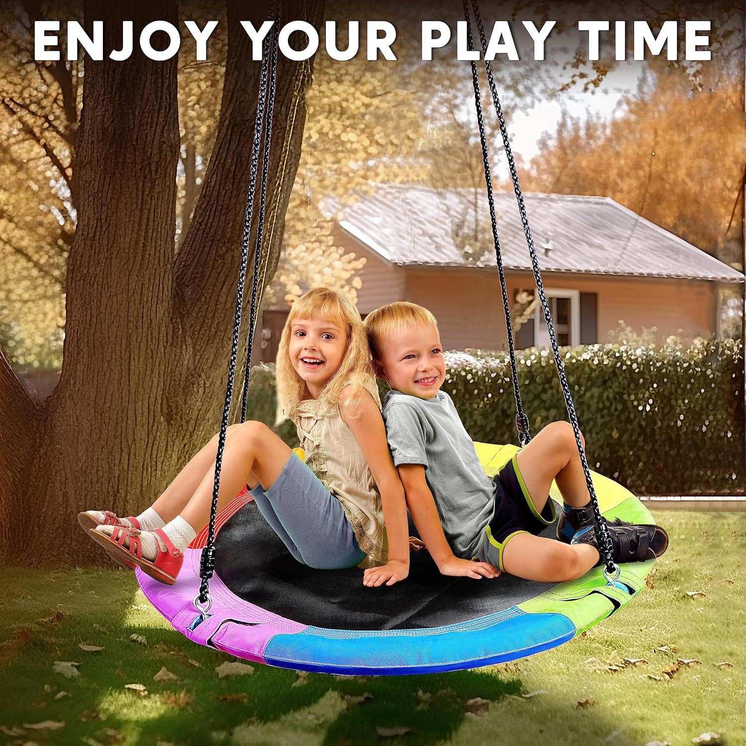 TURFEE 40" Saucer Tree Swing for Kids - 700Lb Weight Capacity, 900D Waterproof Oxford Fabric Platform Swing Seat with Adjustable Ropes for Kids Playground Outdoor Activity Backyard Fun (Rainbow) image number 1