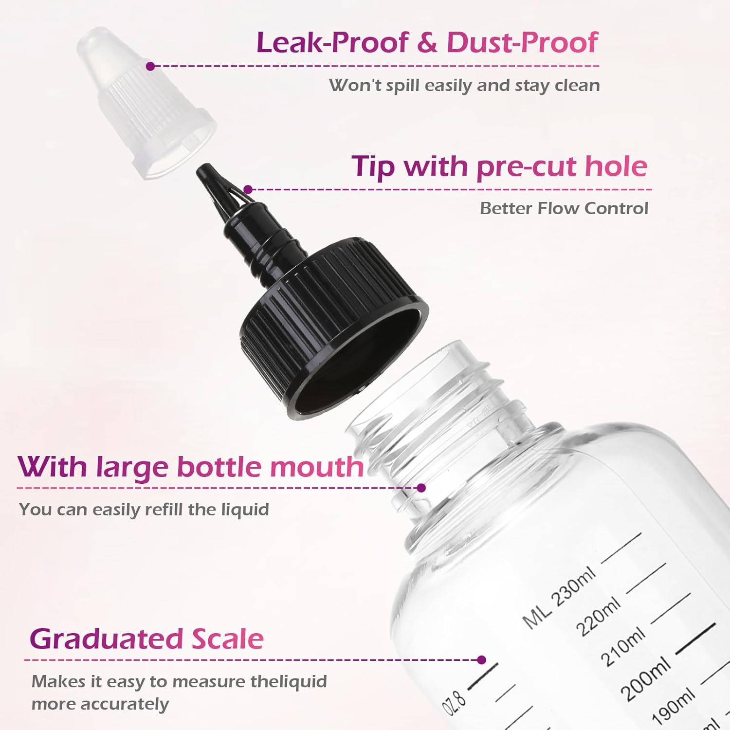 EXEXIUO 2Pcs Applicator Bottle for Hair 8.5Oz Empty Squeeze Hair Oiling Bottle Plastic Hair Color Dispenser Container for Scalp Root Dye Container with Clear Graduated Scale Twist-On Top Tip Cap