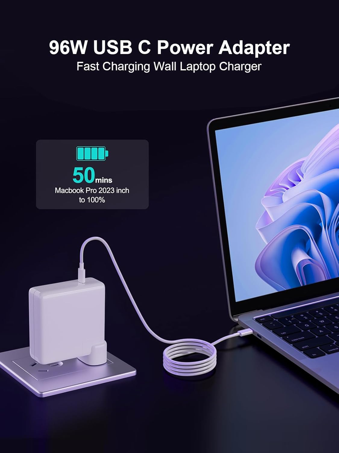 Macbook Charger, 96W USB C Charger for Macbook Pro Air 16, 15, 14, 13 Inch 2024, 2023, 2022, 2021, 2020, 2019, 2018, M1 M2 M3 Fast Charging Charger Fit Iphone, Ipad, USB C Laptop Power Adapter image number 4