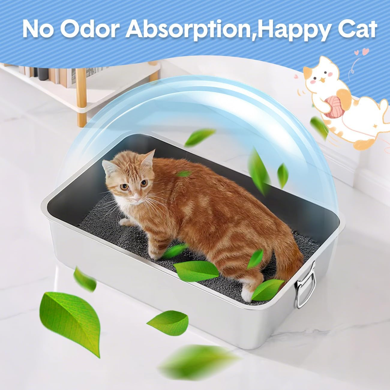 Stainless Steel Litter Box with Handle, Large Metal Cat Litter Box with High Sided for Big and Small Cats, Kitty Litter Boxes Toilet, Non-Stick, Easy to Clean 60X40X15Cm image number 4