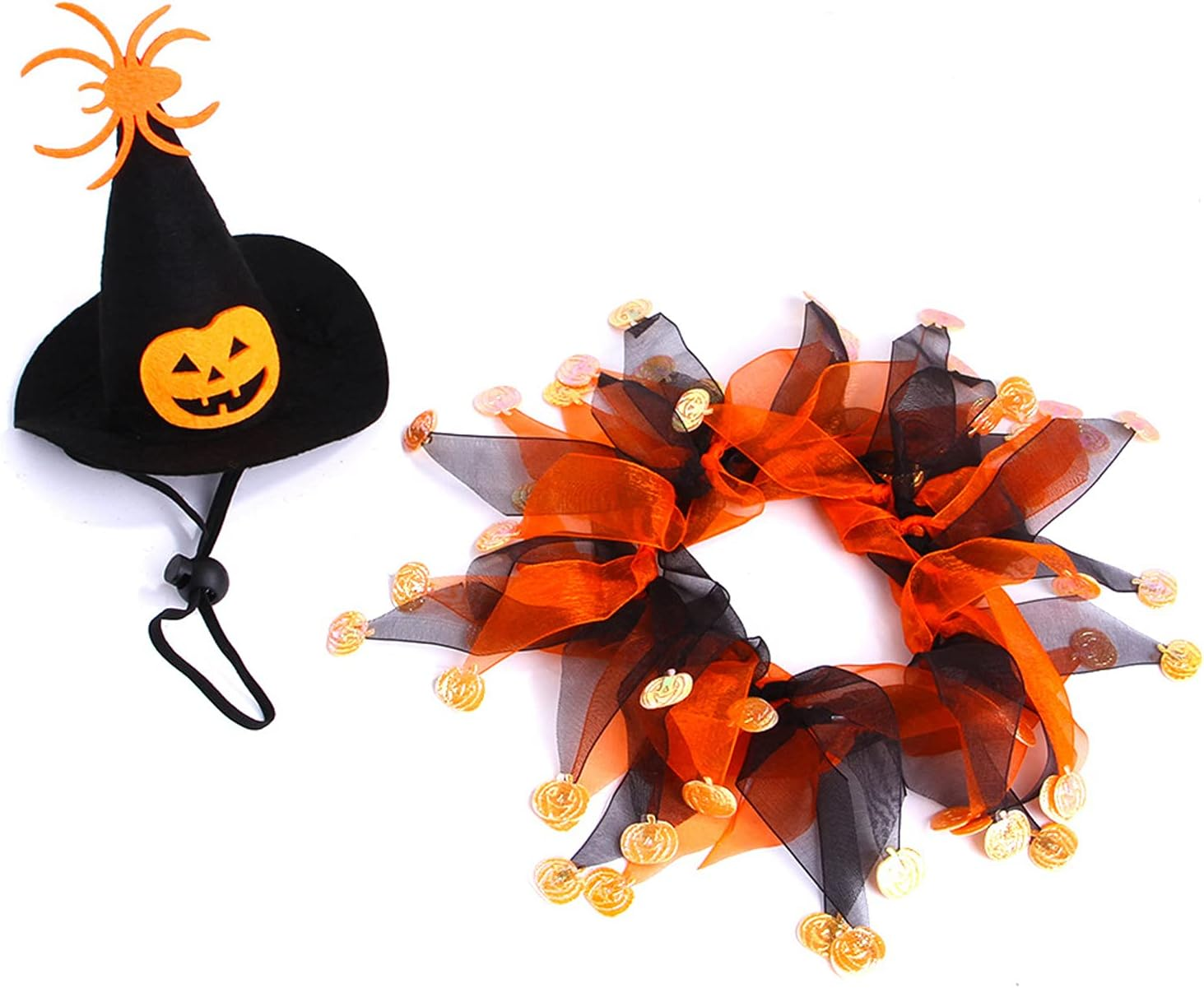 Pet Halloween Witch Hat Dog Cat Collar with Bell Collar Pumpkin Spider Web, Wheel Print Cloak for Cats/Small Dogs Halloween Pet Costume (A) image number 3