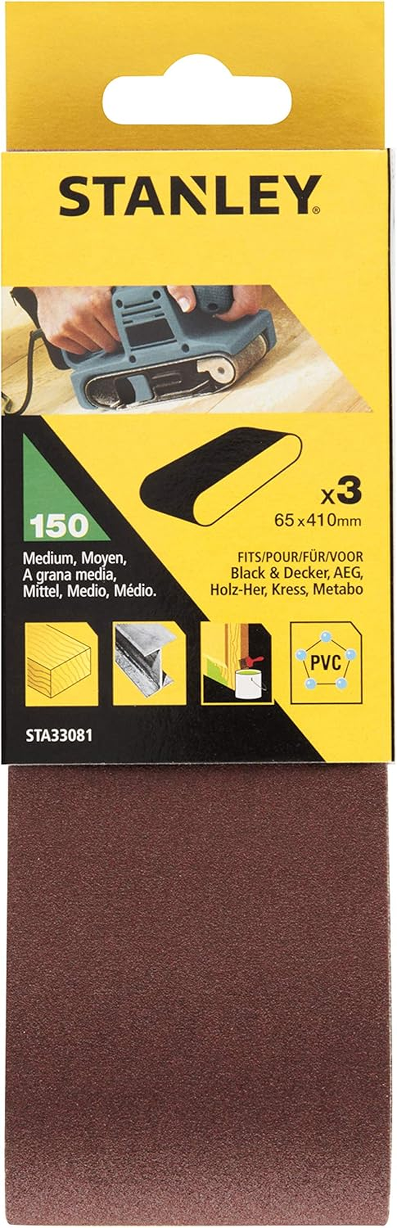 Stanley 3 X STA33081 65Mm X 410Mm Medium Grit K150 Belt Sander Fits Black+Decker Belt Sanders DN83 DN83E BS650 BD83 BD83E KA83 image number 1