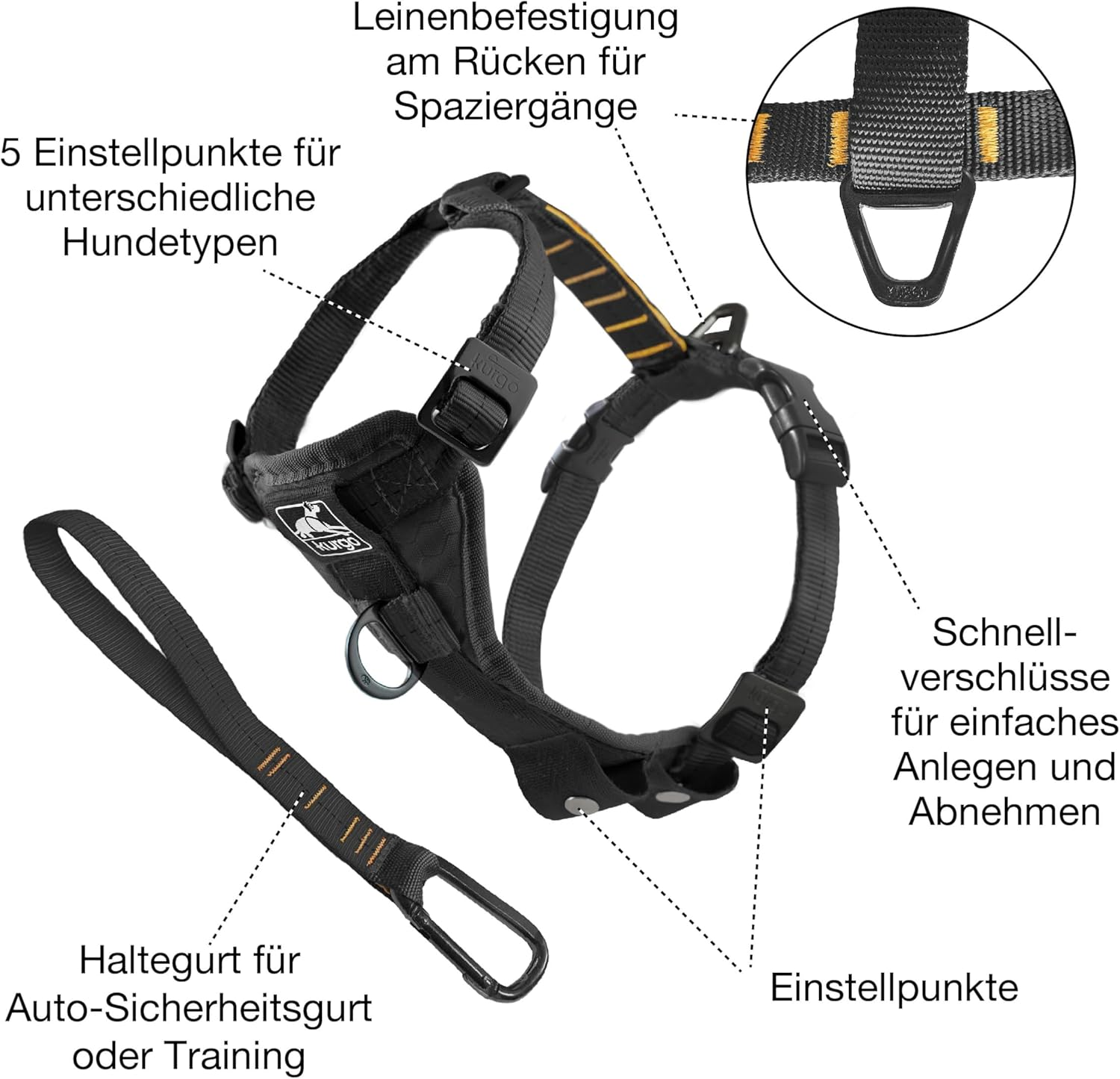 Kurgo Tru-Fit No Pull Dog Harness and Easy Dog Walking Harness with Pet Seatbelt Tether for Car, Black, Medium image number 4