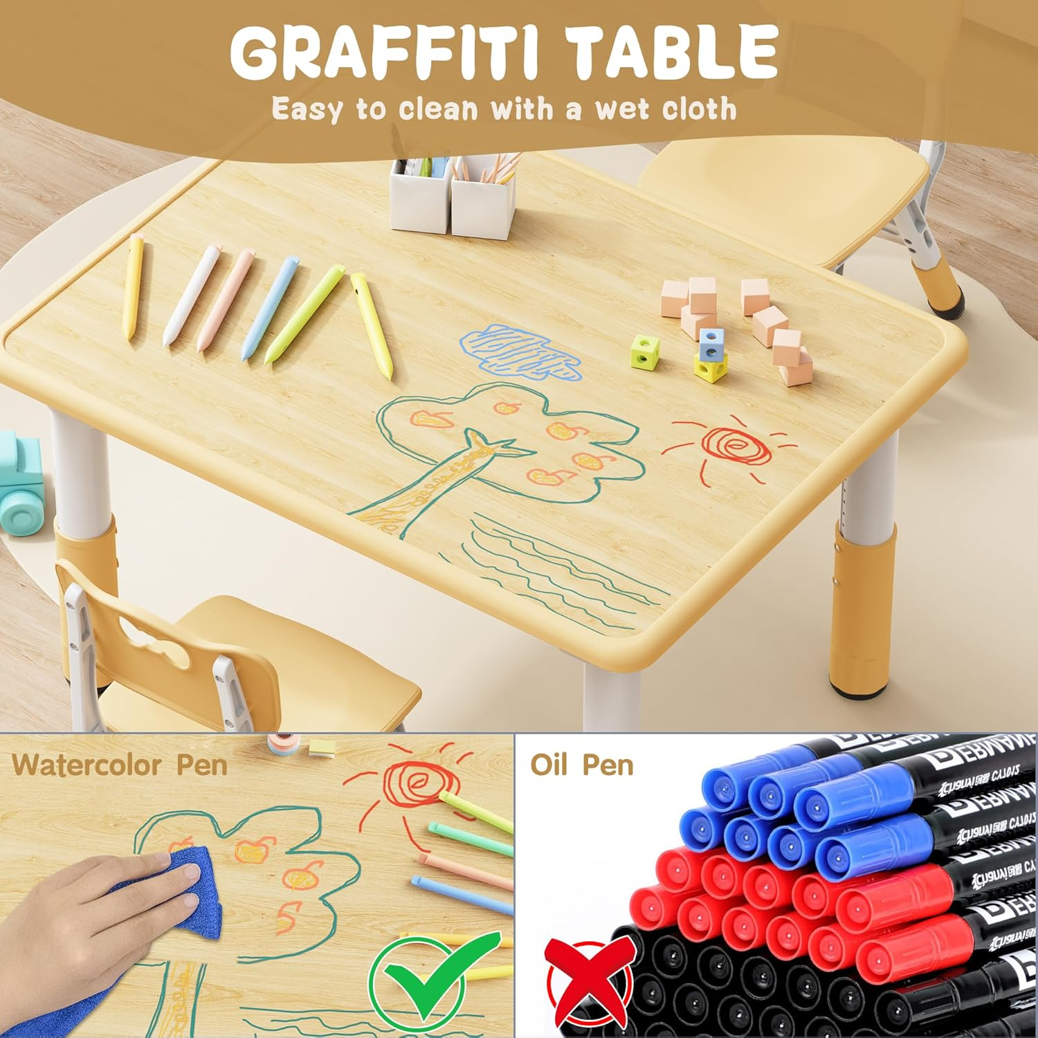 Brelley Kids Table and 2 Chairs Set, Height Adjustable Toddler Desk and Chair Set, Graffiti Desktop, Classroom/Daycare/Home, Children Multi-Activity Table for Ages 2-8 image number 2
