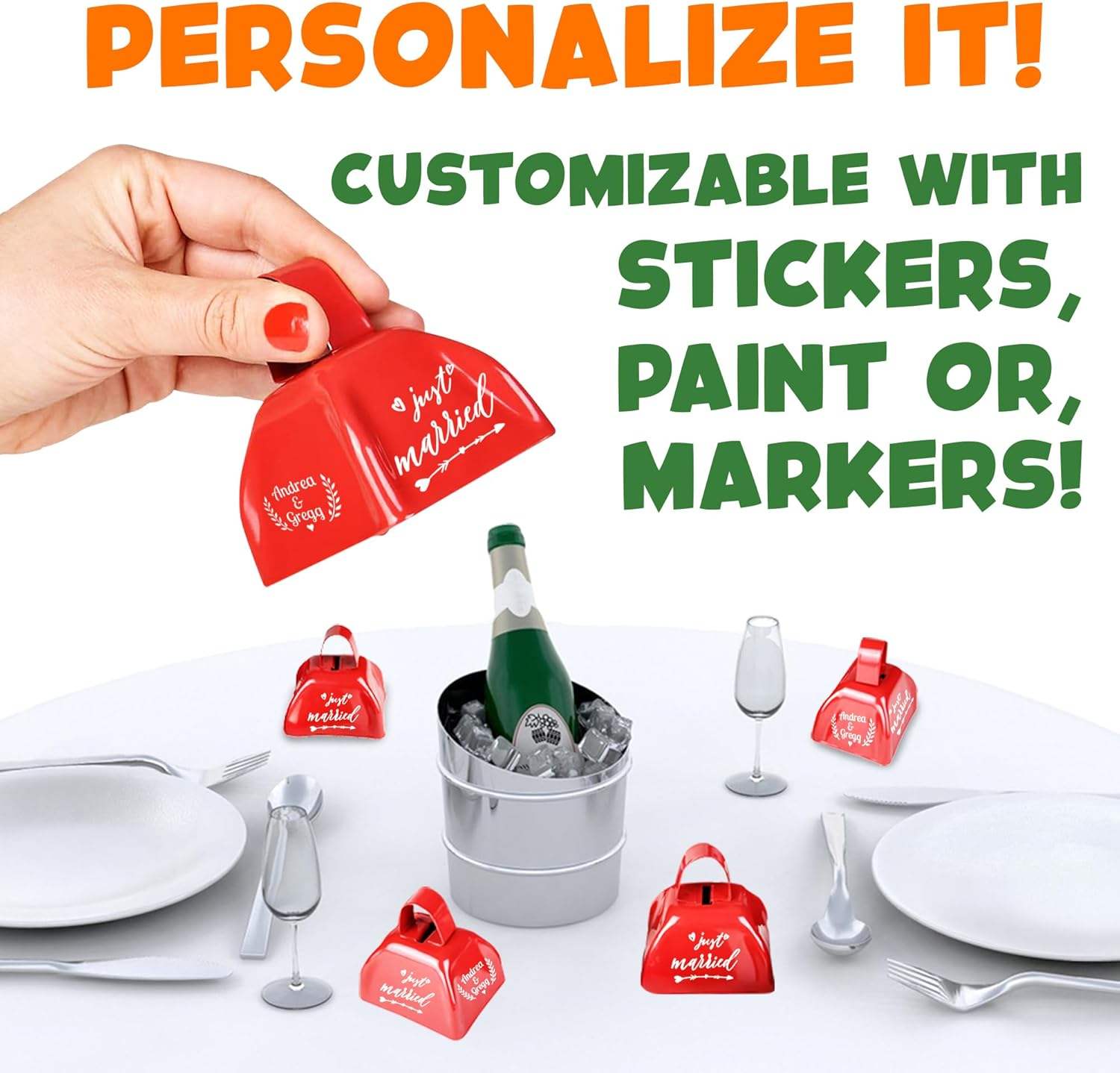 Metal Cowbells - Red 3 Inch Cow Bells Noise Makers, Loud Call Bell with Handles for Sporting Events, Cheering, Team Spirit, Noisemakers, Weddings, (Pack of 12) image number 6