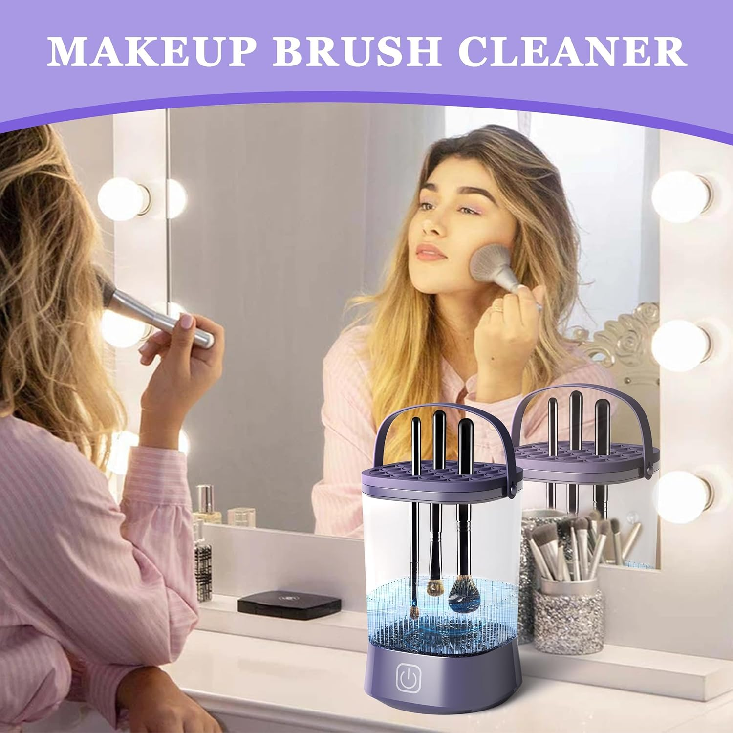 Electric Makeup Brush Cleaner Machine, Automatic Spinning Make up Brush Cleaner with 1200 Mah Rechargeable Battery, Portable Cosmetic Brush Cleaner Dryer Tool for All Size Makeup Brush (Purple) image number 5