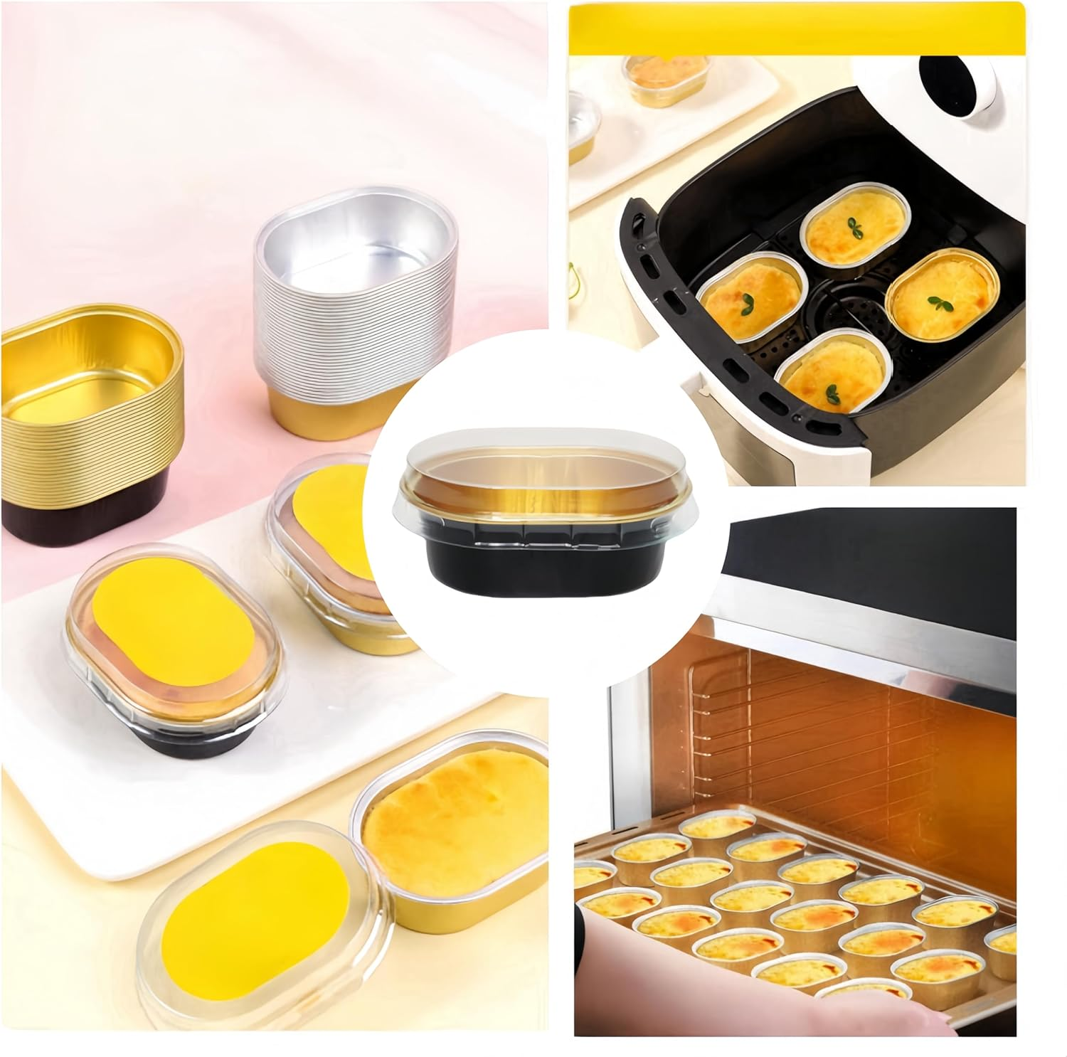 100Pcs Aluminum Foil Cupcake Cups with Lids, Ai-Oumleef Aluminum Foil Oval Cake Pans Cupcake Liners Heat-Resistant Foil Baking Cups Muffin Pan for Cake Cheesecake Pudding (Black Gold)