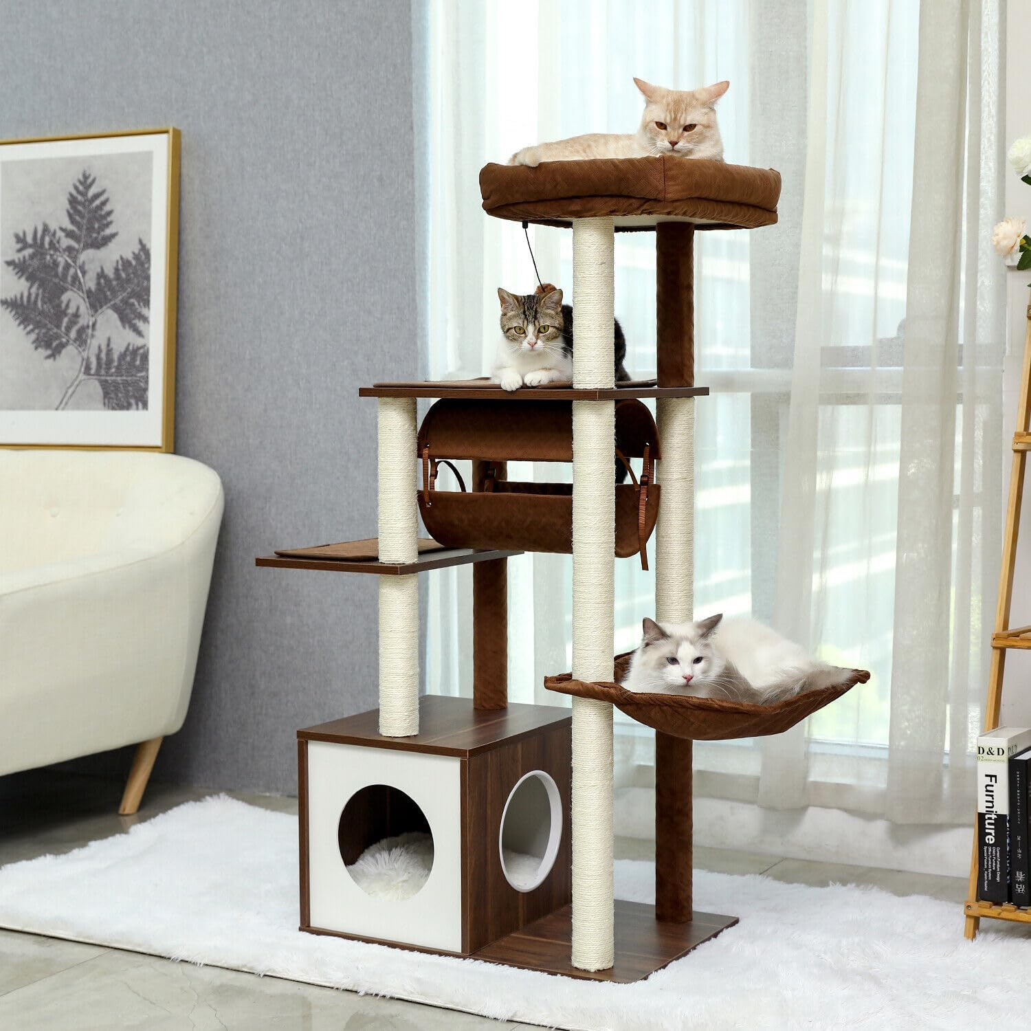 PAWZ Road Cat Tree Cat Scratching Post with a Large Hammock Play Tower, Play Tunnel Wooden Furniture Cat Stand 130Cm Brown