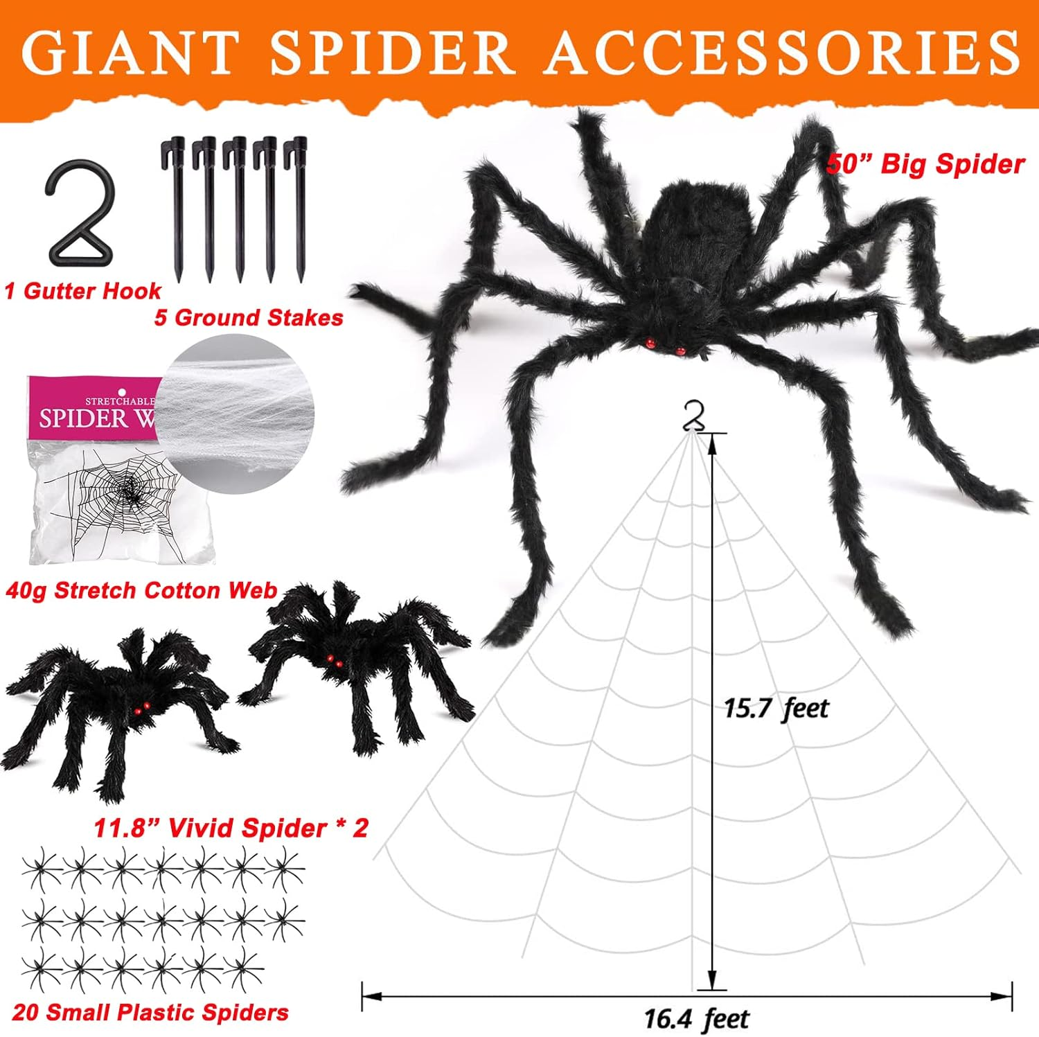 Halloween Decorations Outdoor 16 FT Giant Halloween Spider Web, 60'' Large Spider + 20 Spiders and 40G Stretch Cobwebs Triangular Spider Web Halloween for Haunted House Yard Lawn Party Halloween Decor image number 1