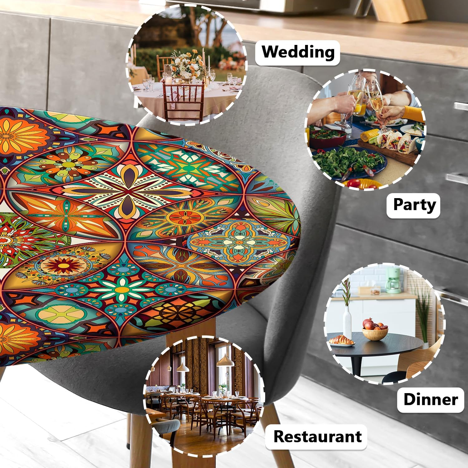 Round Fitted Tablecloth with Elastic round Outdoor Tablecloths Fitted Table Covers for Tables Waterproof Reusable Vinyl Tablecloth for Indoor and Outdoor 48''-52'' image number 3