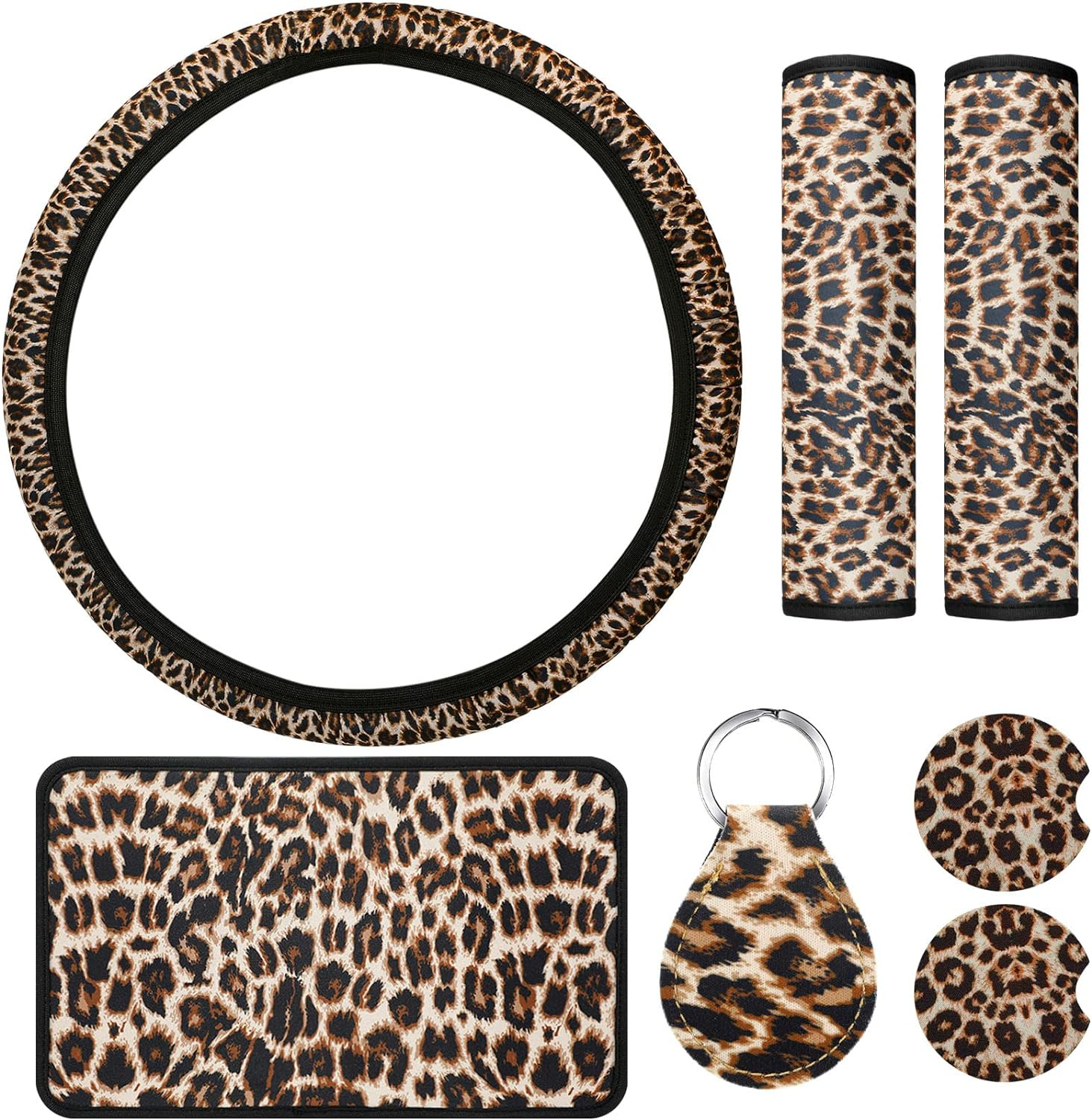 7-Piece Leopard Print Car Accessory Set - Steering Wheel Cover, Car Coasters, Keyring, Armrest Pad & Seat Belt Pads for Most Cars image number 1