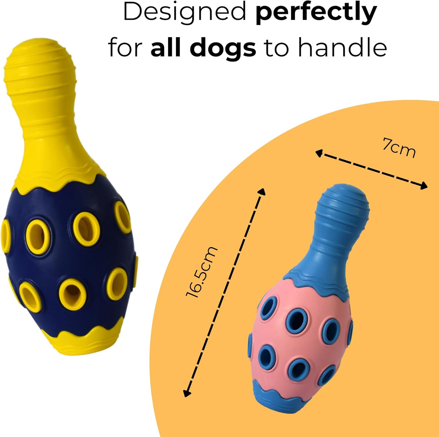 Tuggy Dog Chew Toy,Tough Durable, Bowling Pin Interactive Dog Toys, Food & Treat Puzzle Slow Feeder Dispenser, IQ Mental Stimulation & Enrichment, Small Meduium Large Breed (Yellow/Navy) - Pink/Blue image number 2